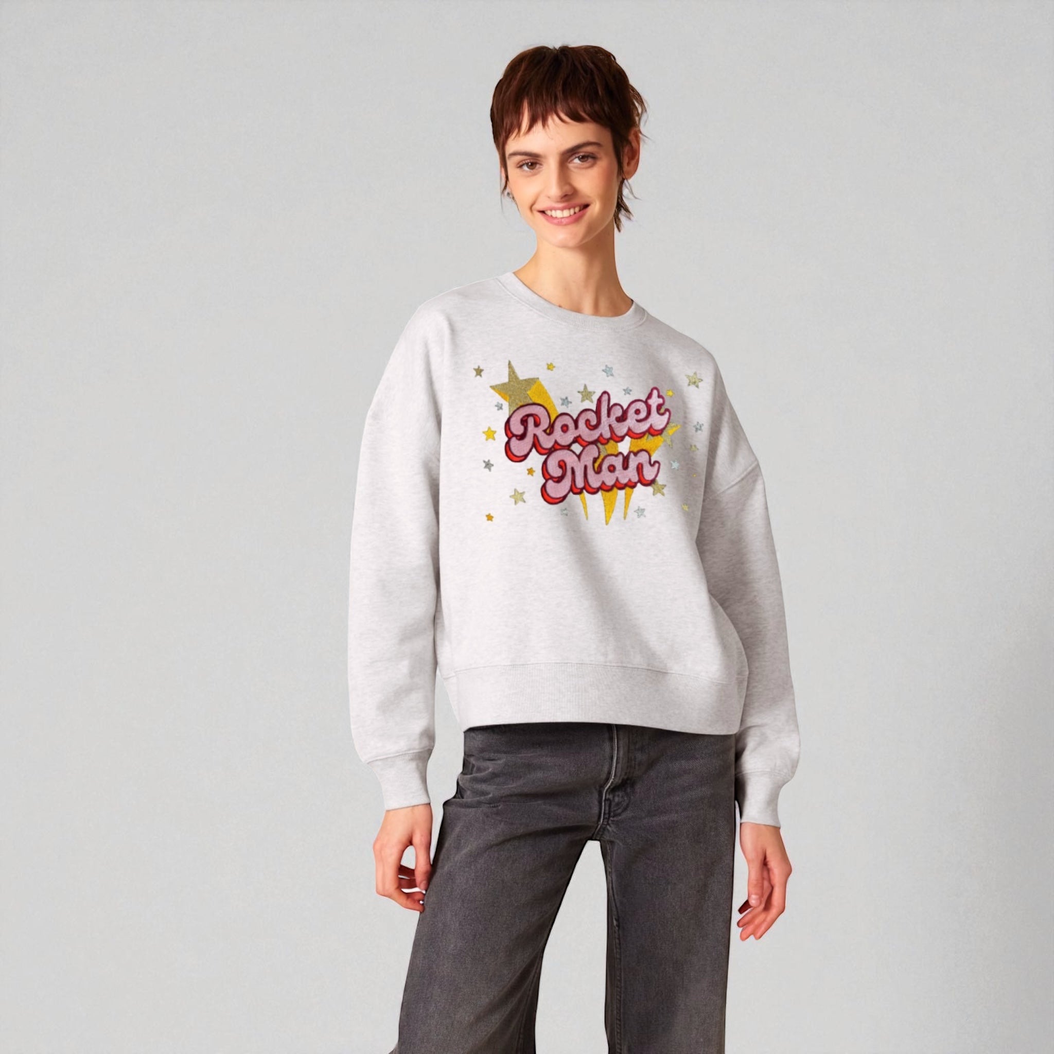 Gold Label 'ROCKET MAN' 1970s glam glitter star embroidered organic women's dropped shoulder 'alma' sweatshirt