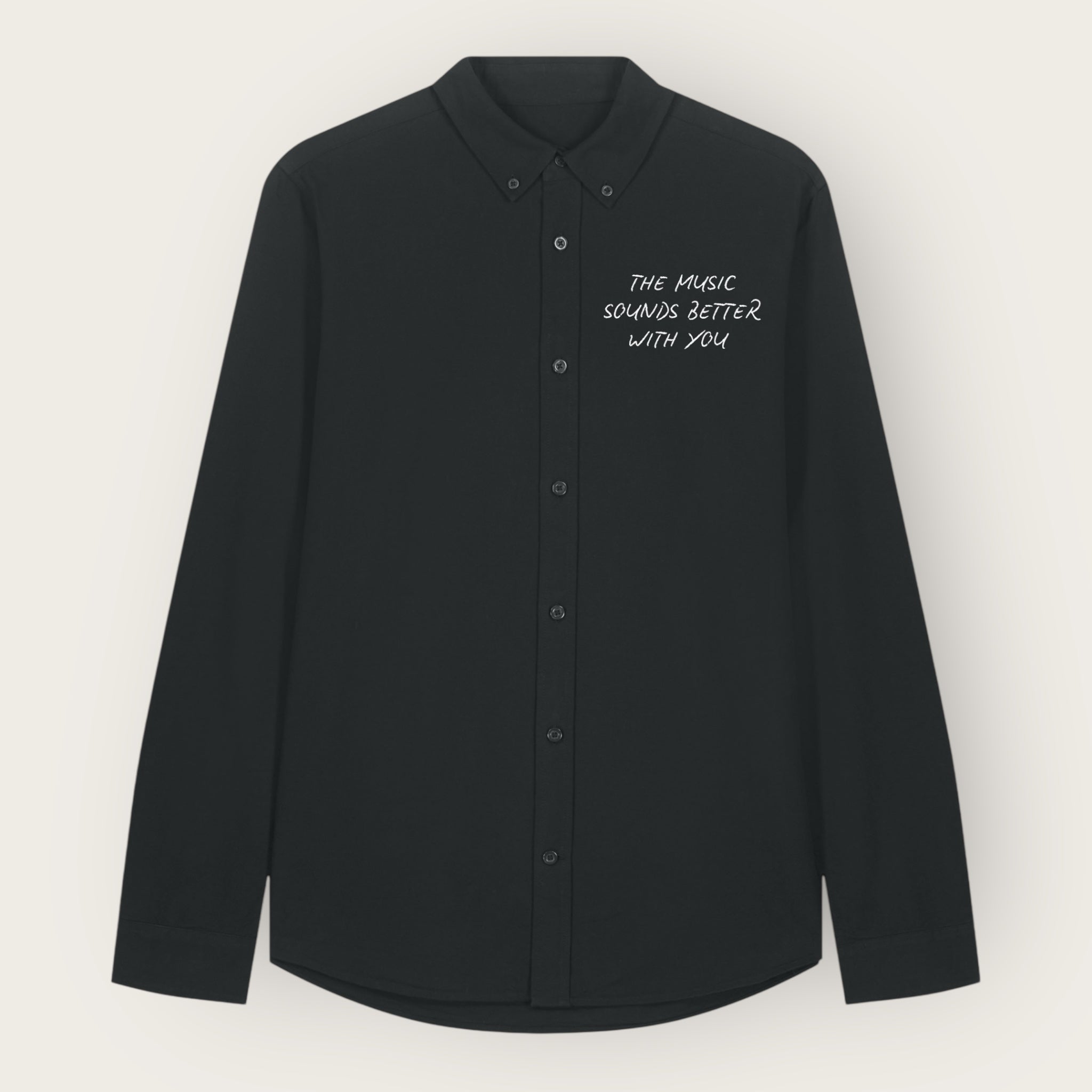 'THE MUSIC SOUNDS BETTER WITH YOU' embroidered women's oversized boyfriend fit organic cotton 'Oxford' shirt