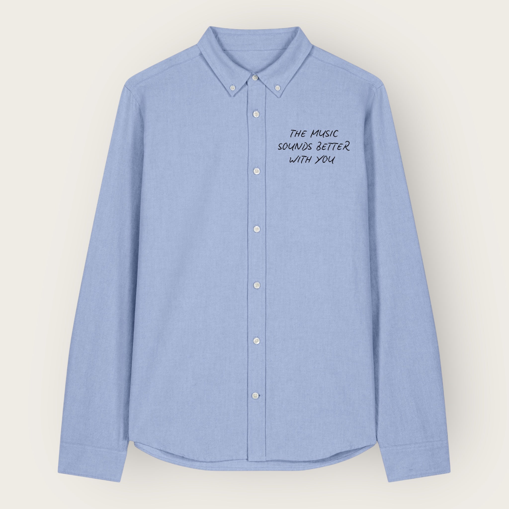 'THE MUSIC SOUNDS BETTER WITH YOU' embroidered women's oversized boyfriend fit organic cotton 'Oxford' shirt