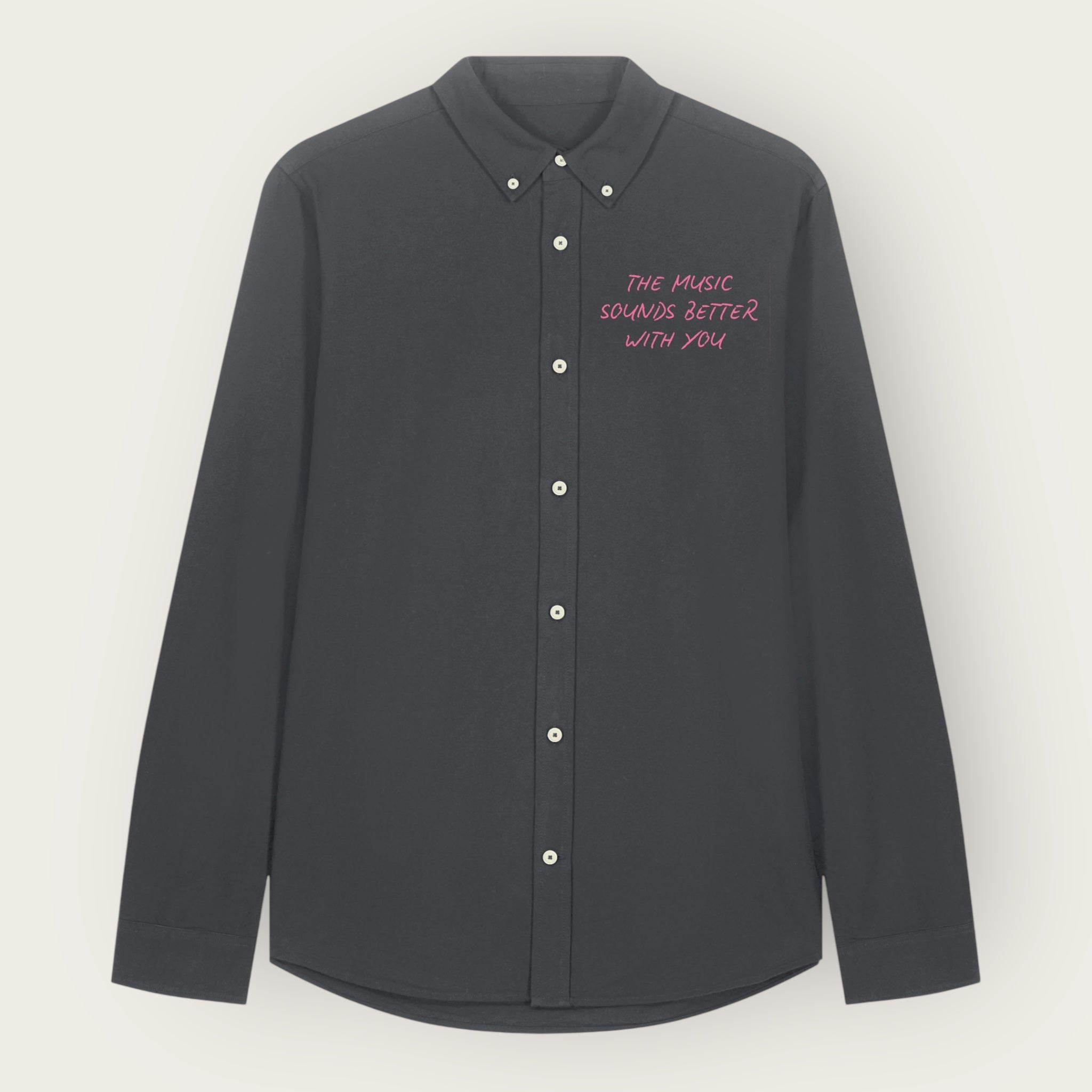 'THE MUSIC SOUNDS BETTER WITH YOU' embroidered women's oversized boyfriend fit organic cotton 'Oxford' shirt
