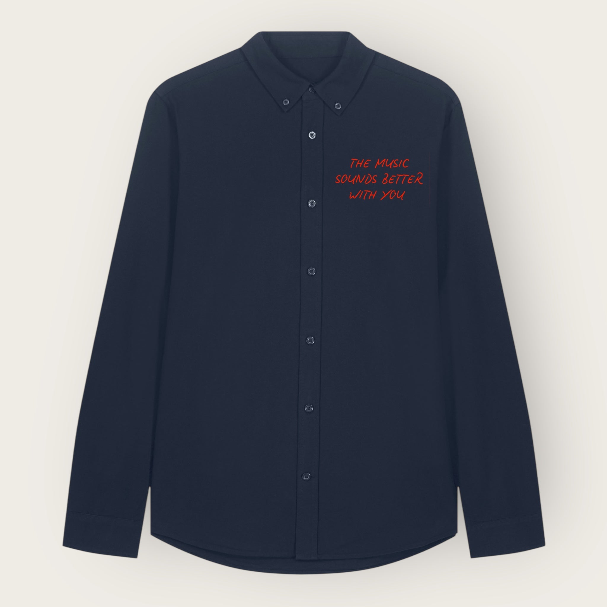 'THE MUSIC SOUNDS BETTER WITH YOU' embroidered women's oversized boyfriend fit organic cotton 'Oxford' shirt