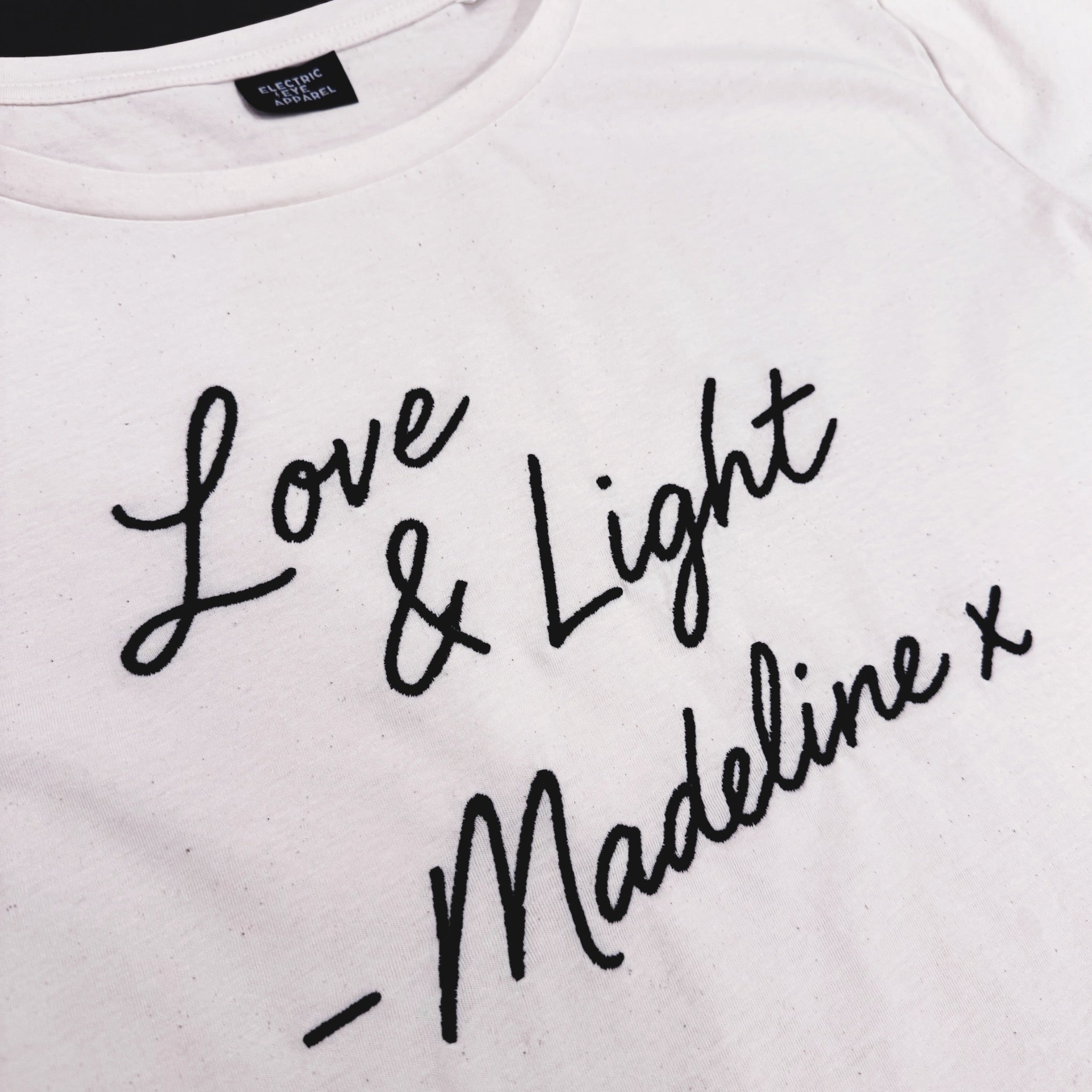'LOVE & LIGHT MADELINE X' embroidered premium organic women's 'Serena' t-shirt inspired by Lily Allen