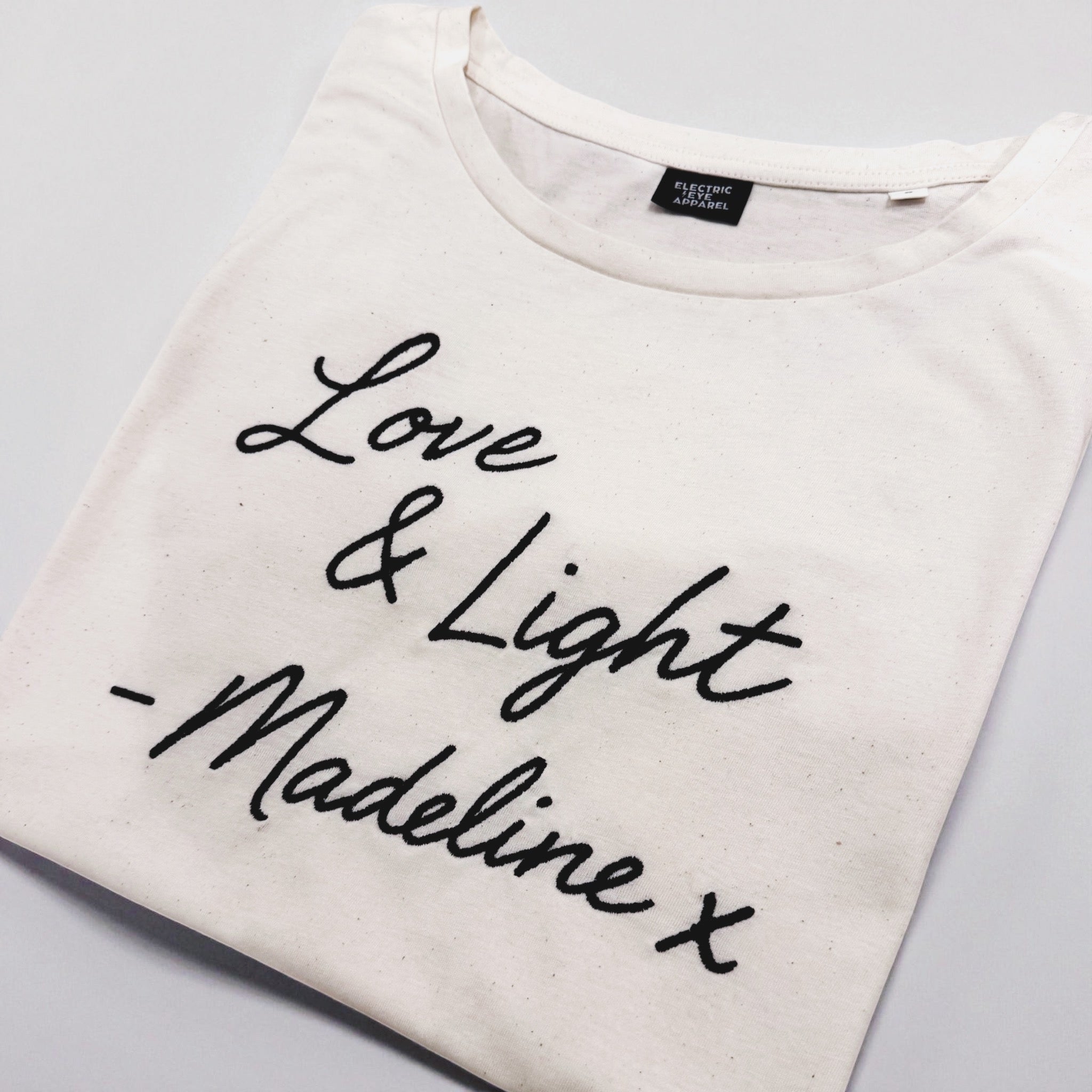 'LOVE & LIGHT MADELINE X' embroidered premium organic women's 'Serena' t-shirt inspired by Lily Allen