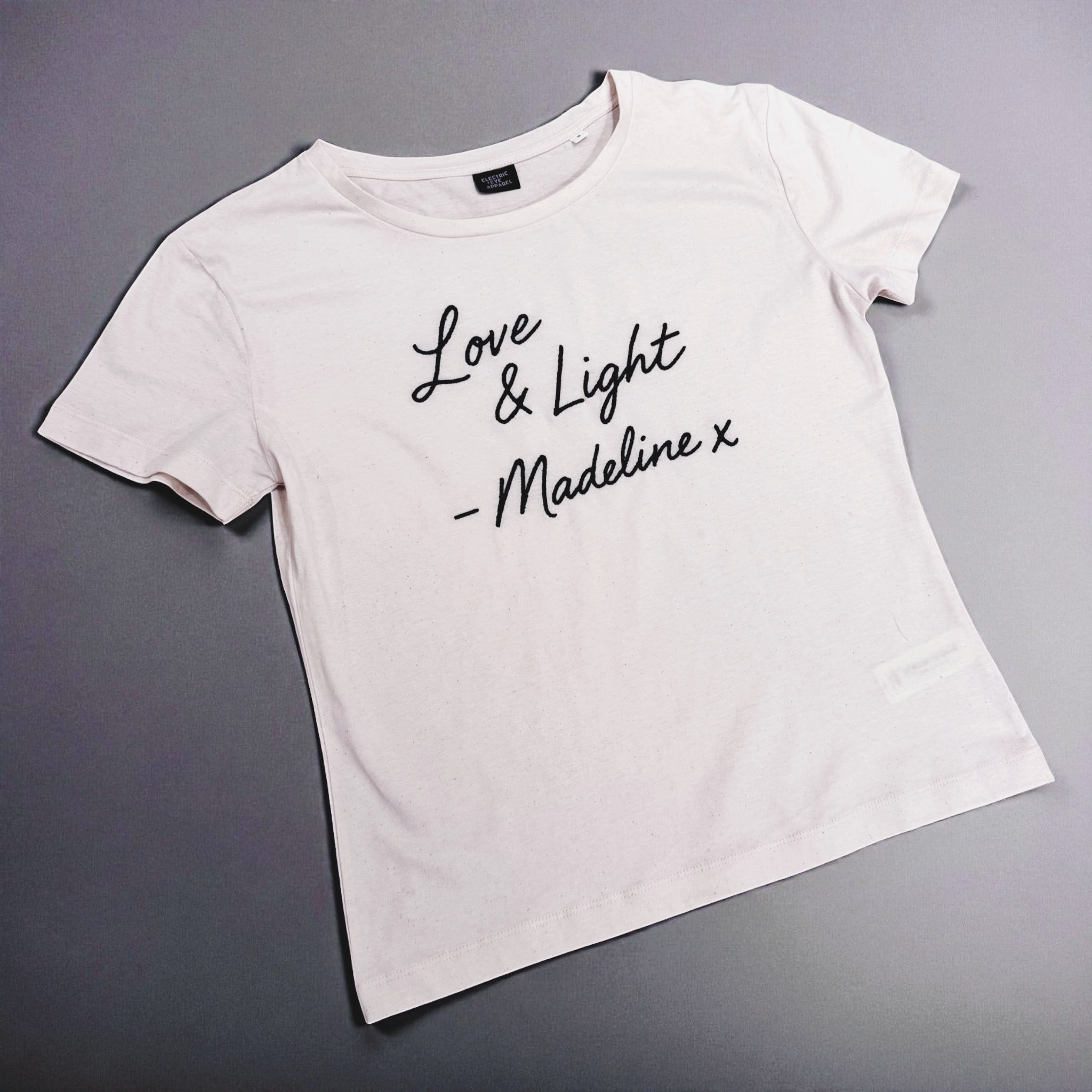 'LOVE & LIGHT MADELINE X' embroidered premium organic women's 'Serena' t-shirt inspired by Lily Allen
