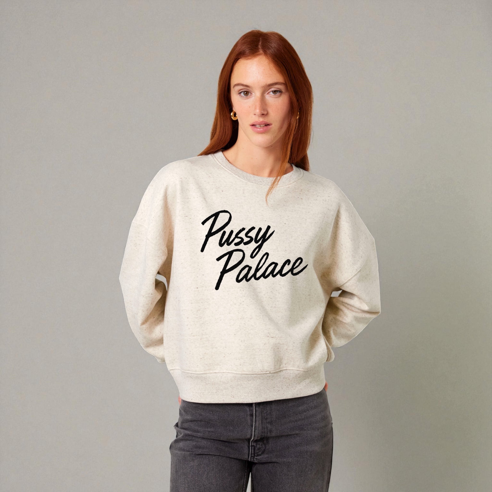 'PUSSY PALACE' embroidered organic women's dropped shoulder 'alma' sweatshirt