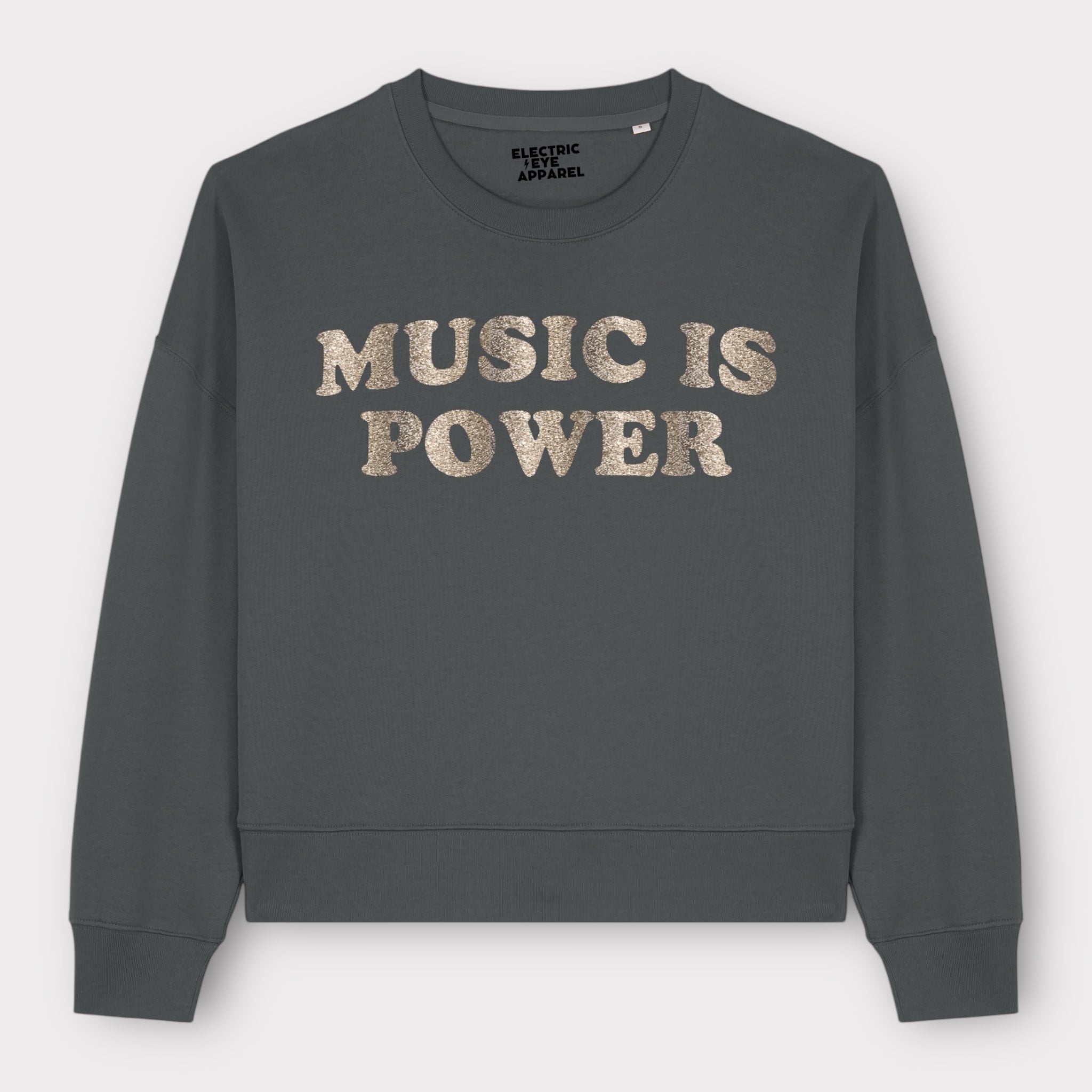 'MUSIC IS POWER' embroidered organic women's dropped shoulder 'Alma' sweatshirt
