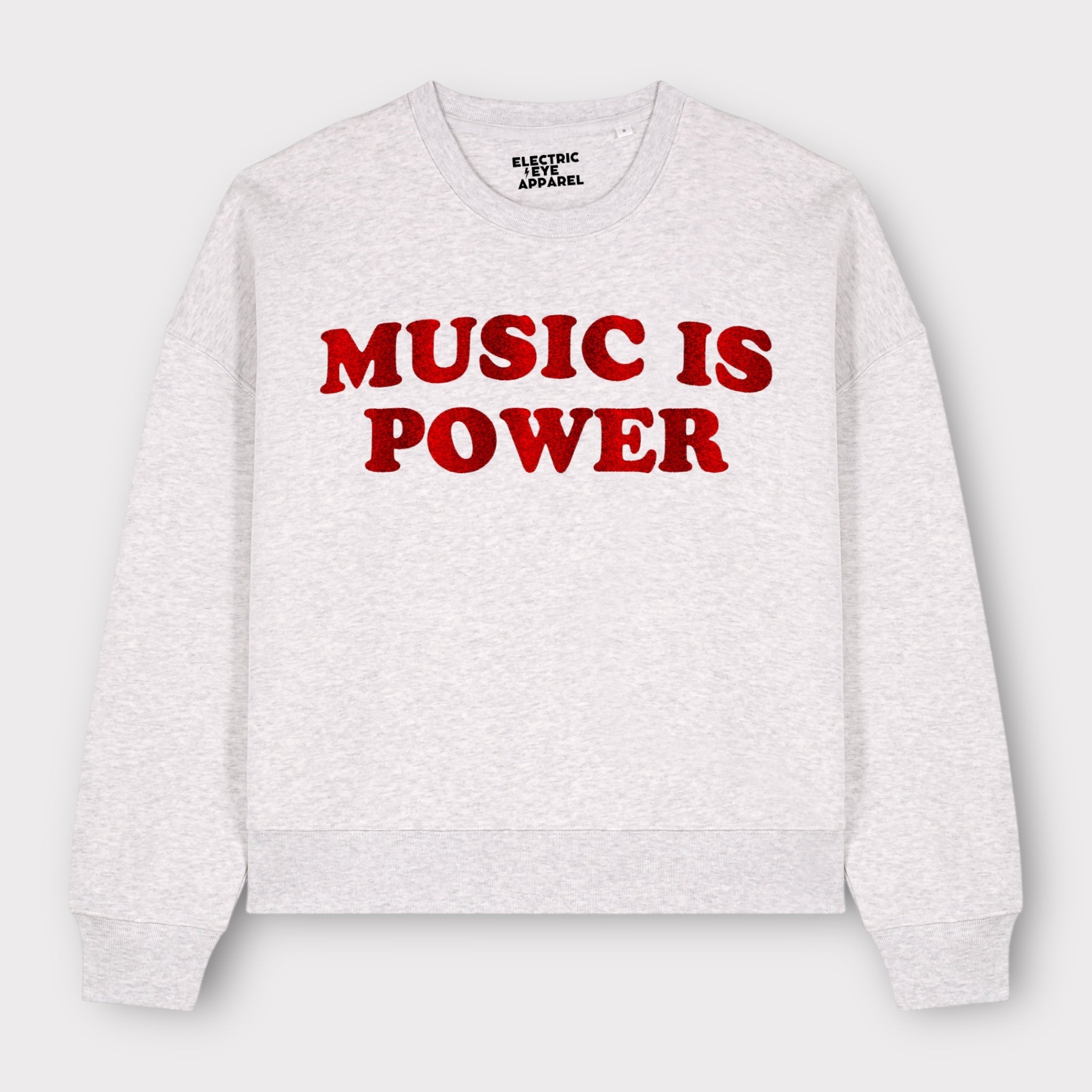 'MUSIC IS POWER' embroidered organic women's dropped shoulder 'Alma' sweatshirt