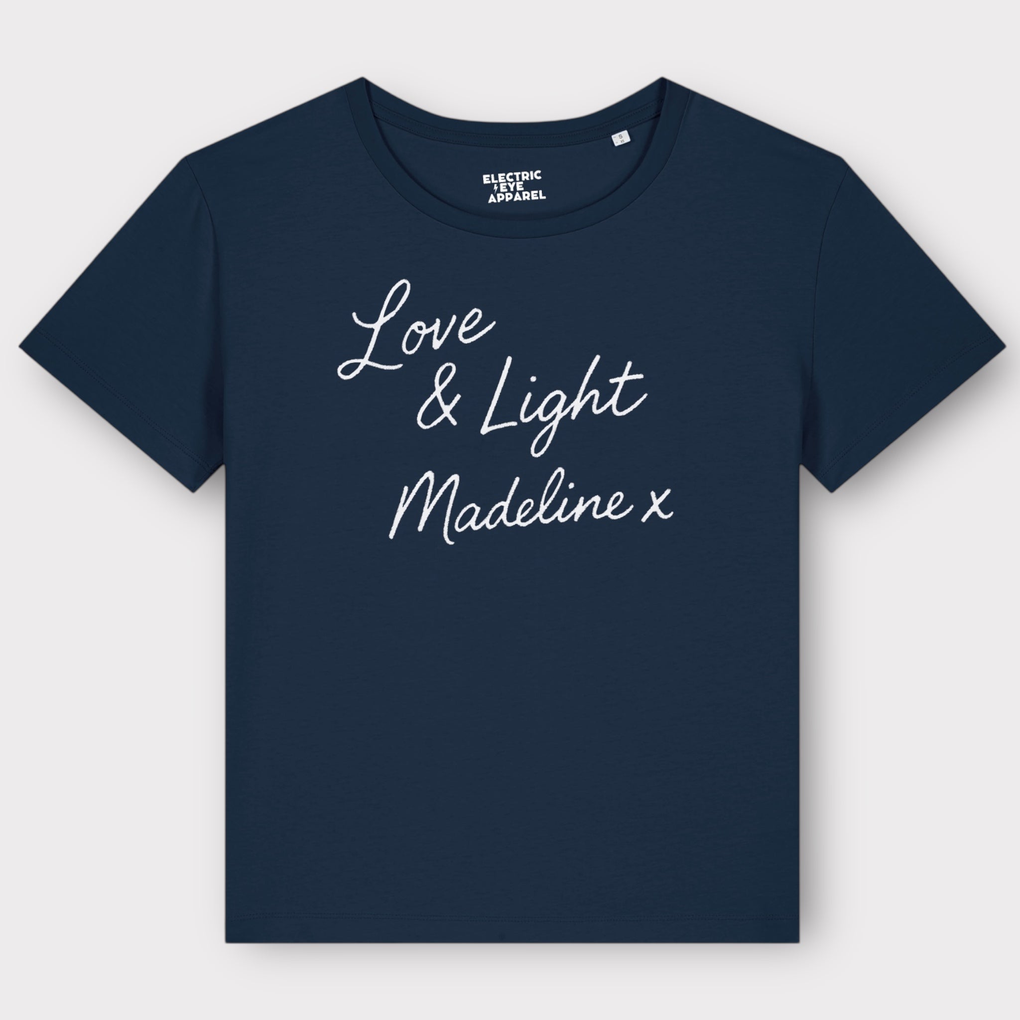 'LOVE & LIGHT MADELINE X' embroidered premium organic women's 'Serena' t-shirt inspired by Lily Allen