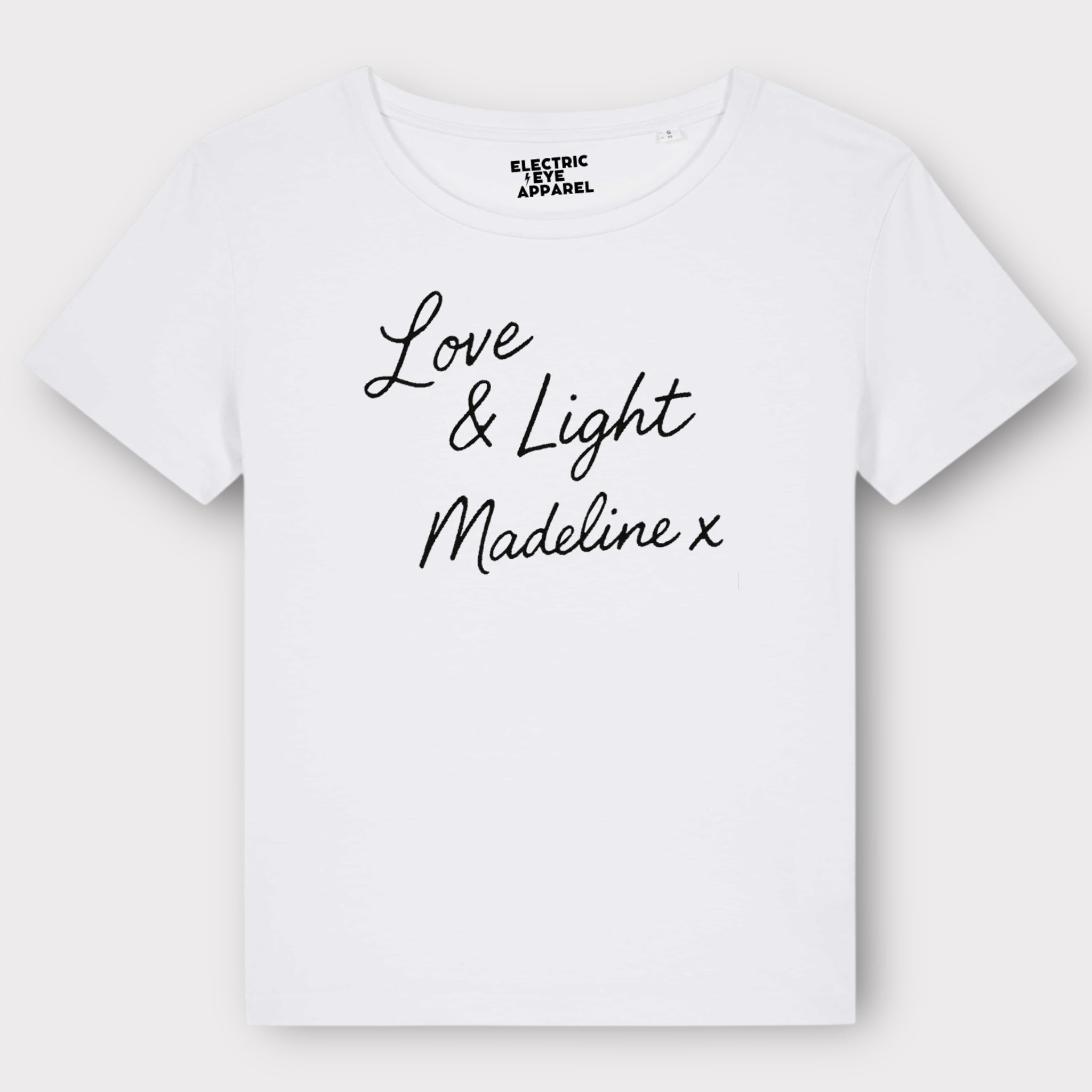 'LOVE & LIGHT MADELINE X' embroidered premium organic women's 'Serena' t-shirt inspired by Lily Allen