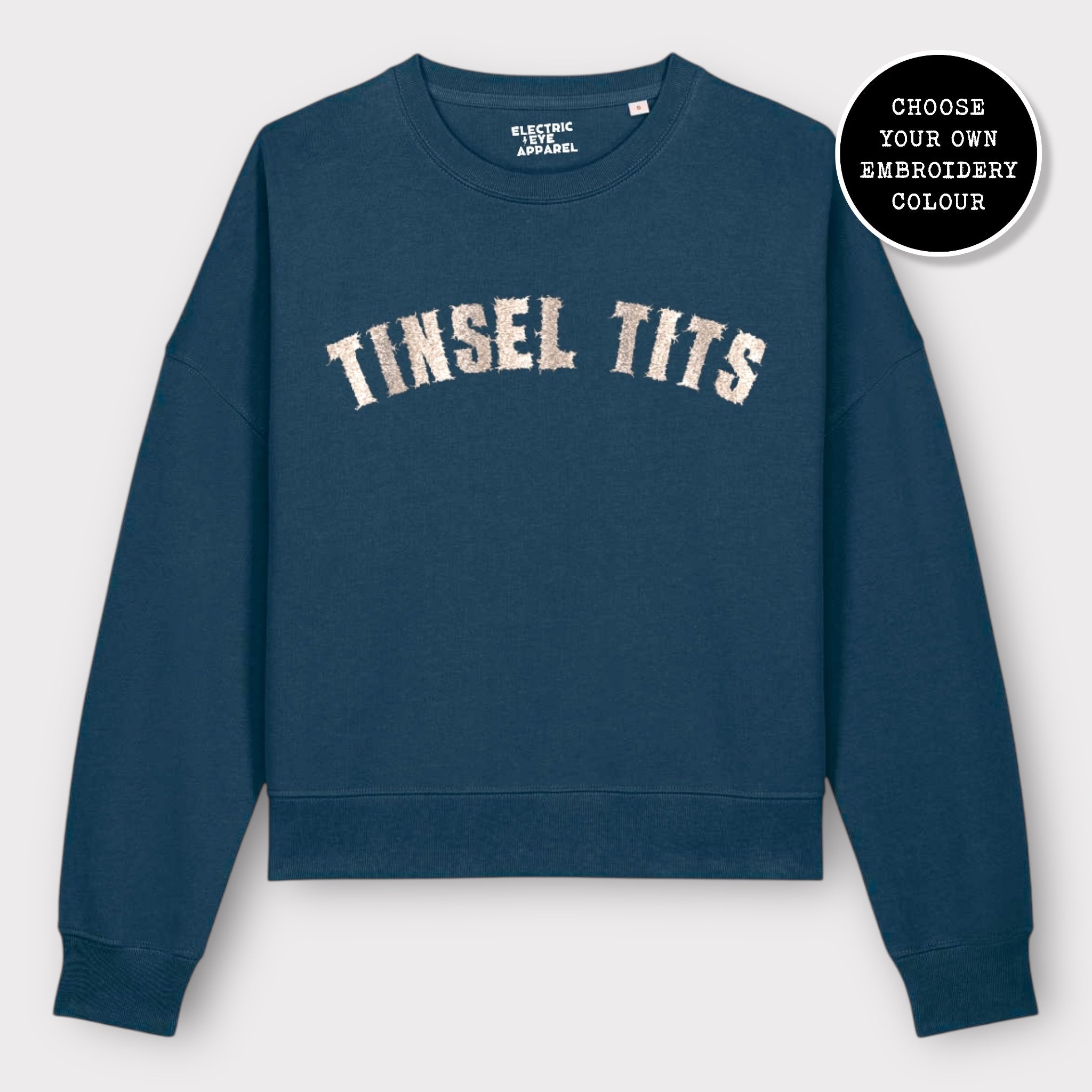 'TINSEL TITS' embroidered organic women's dropped shoulder 'alma' Christmas sweatshirt