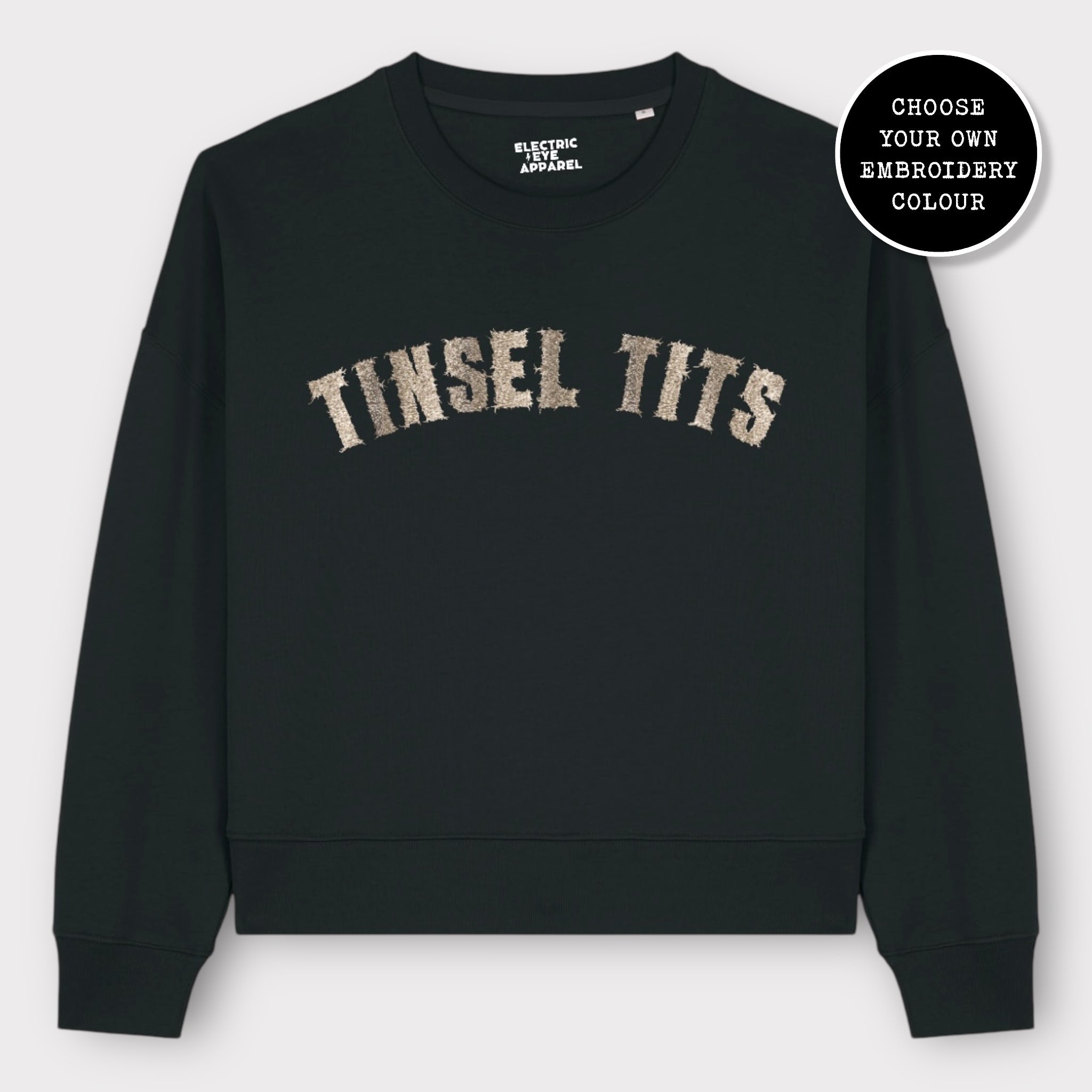 'TINSEL TITS' embroidered organic women's dropped shoulder 'alma' Christmas sweatshirt