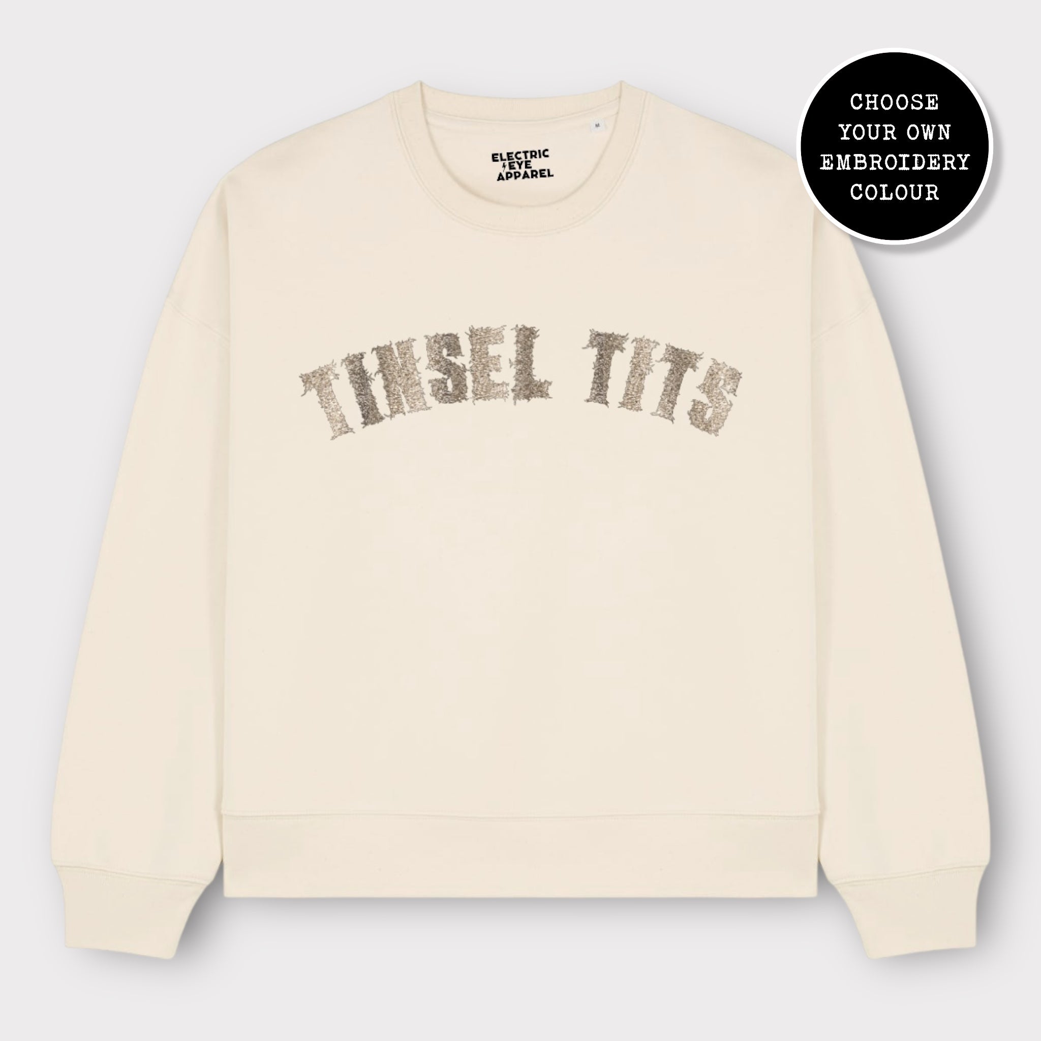 'TINSEL TITS' embroidered organic women's dropped shoulder 'alma' Christmas sweatshirt
