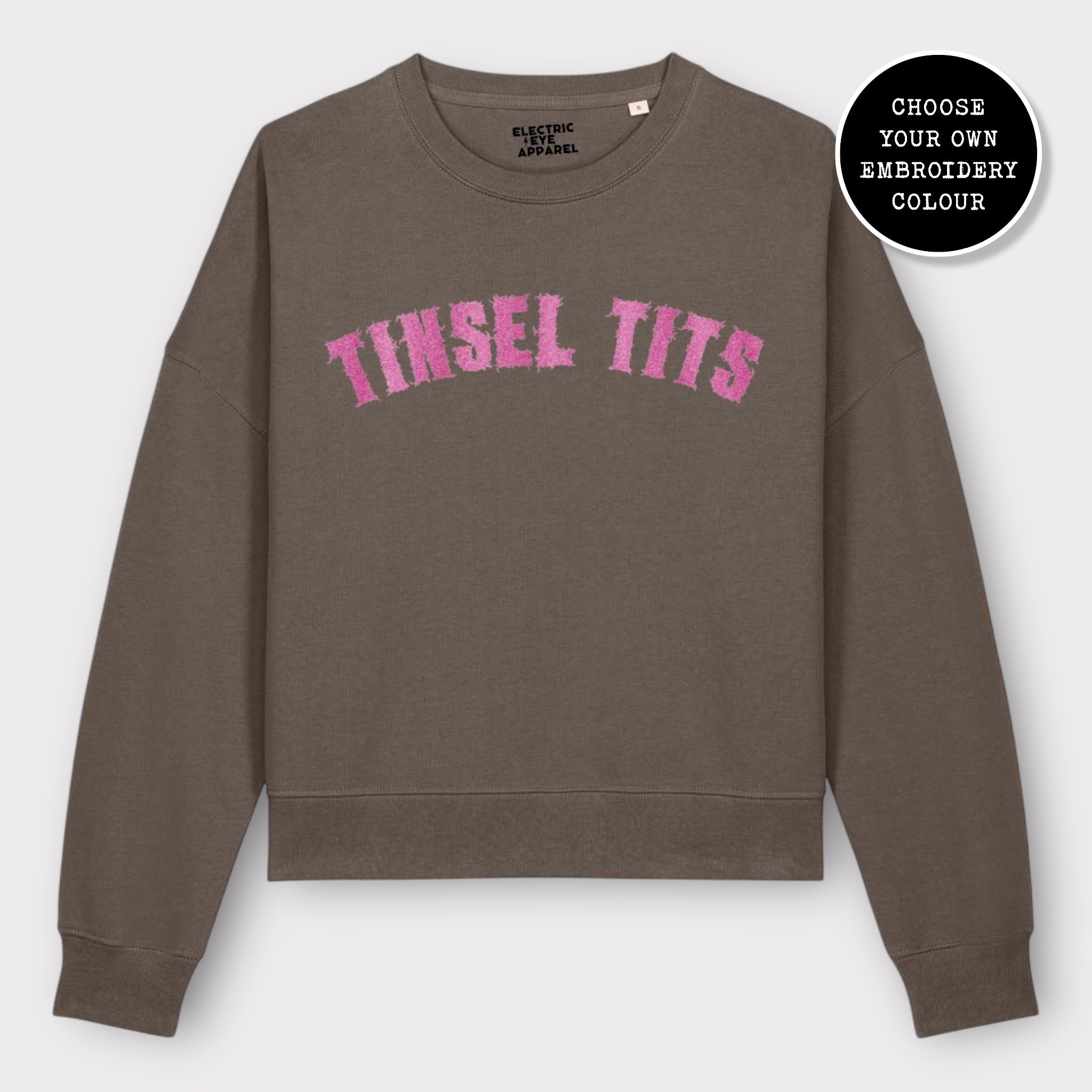 'TINSEL TITS' embroidered organic women's dropped shoulder 'alma' Christmas sweatshirt