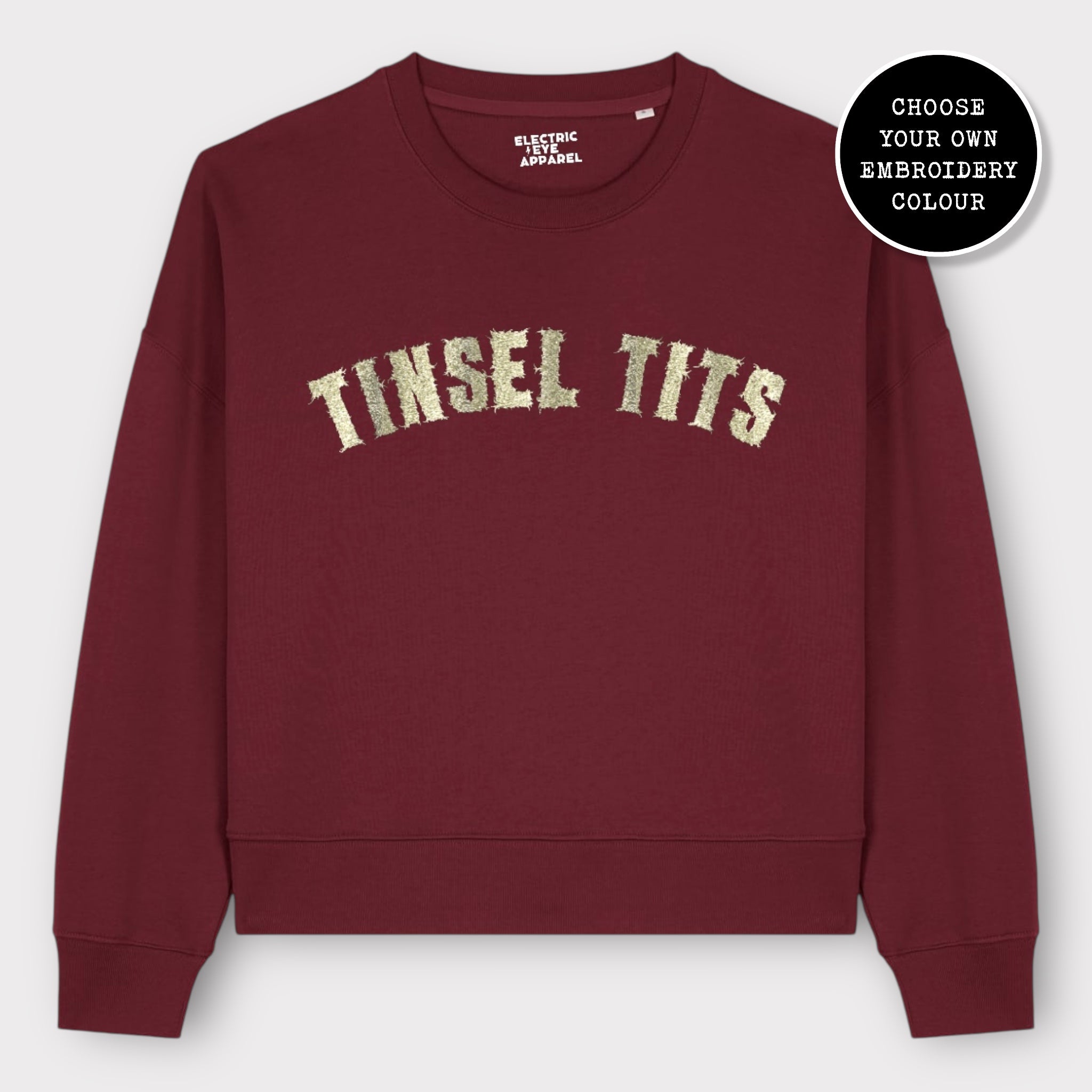 'TINSEL TITS' embroidered organic women's dropped shoulder 'alma' Christmas sweatshirt