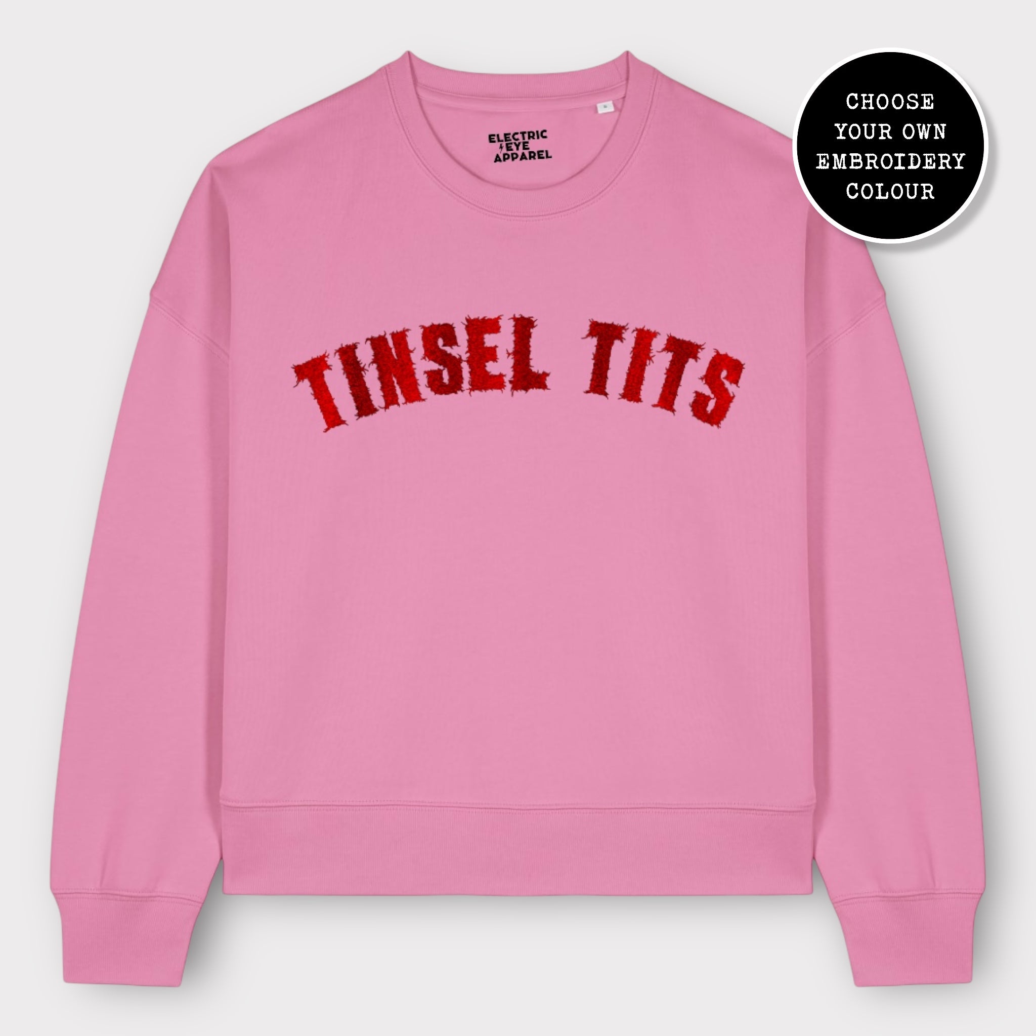 'TINSEL TITS' embroidered organic women's dropped shoulder 'alma' Christmas sweatshirt