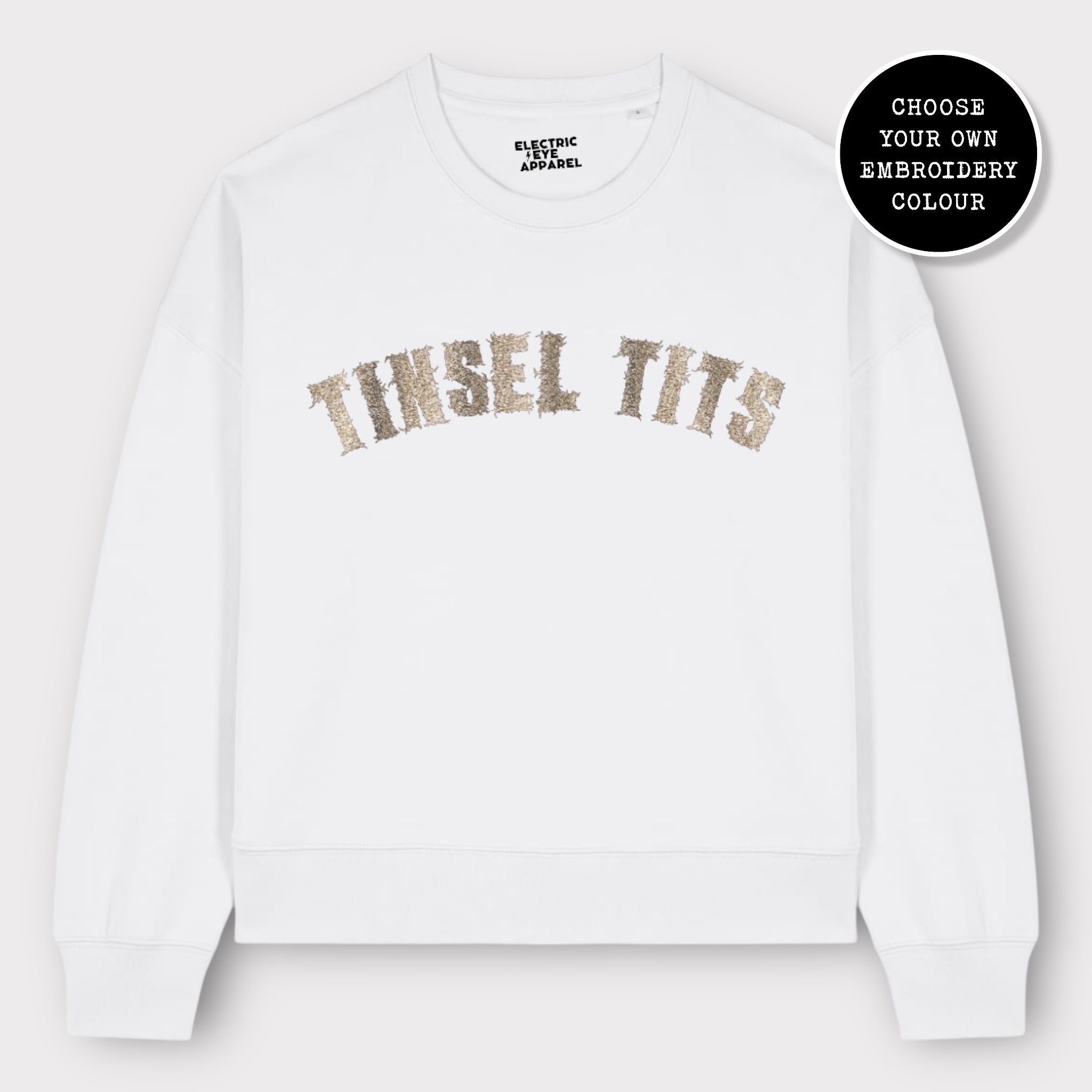 'TINSEL TITS' embroidered organic women's dropped shoulder 'alma' Christmas sweatshirt