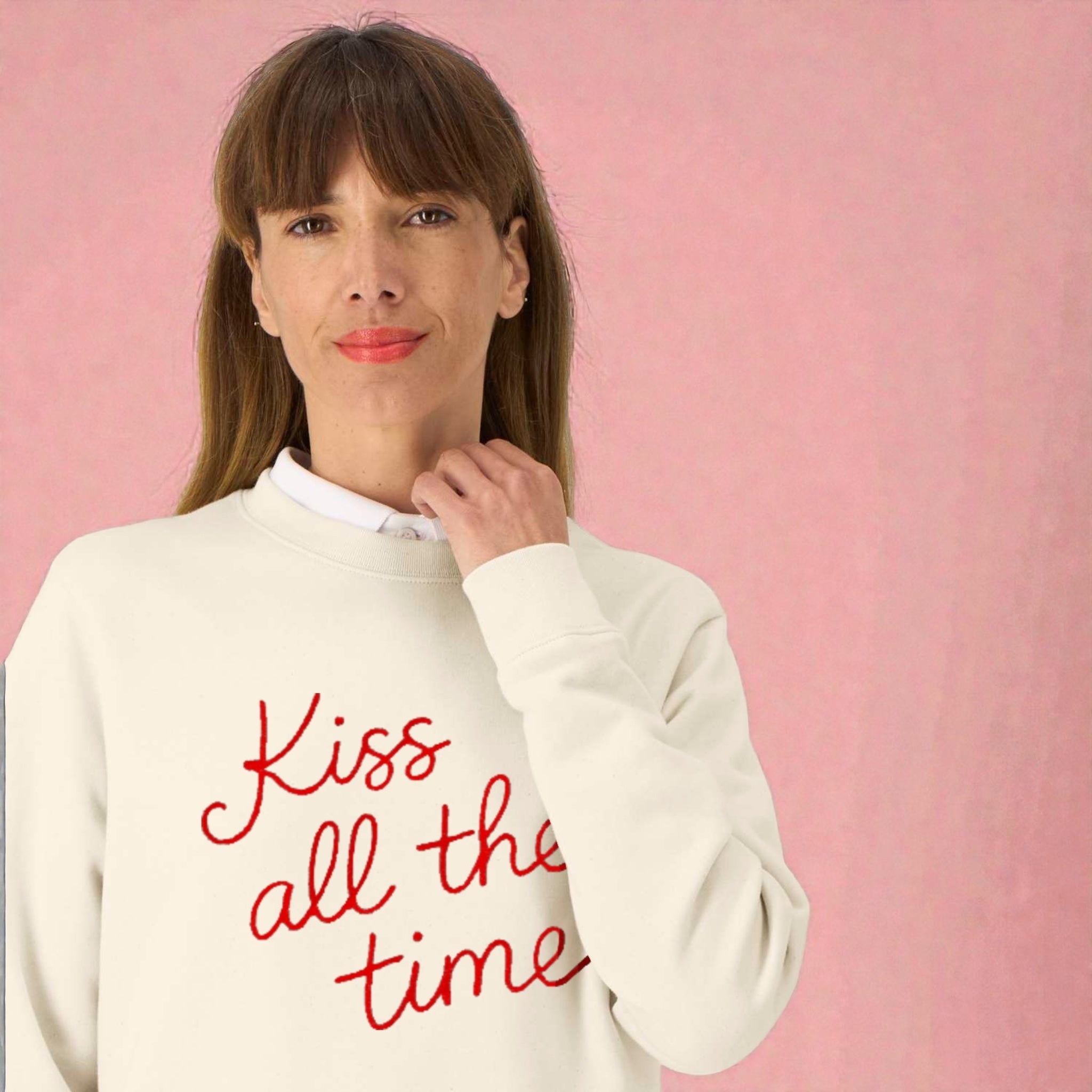 'KISS ALL THE TIME' embroidered organic cotton women's 'Thinker' sweatshirt - extended sizing XS-6XL
