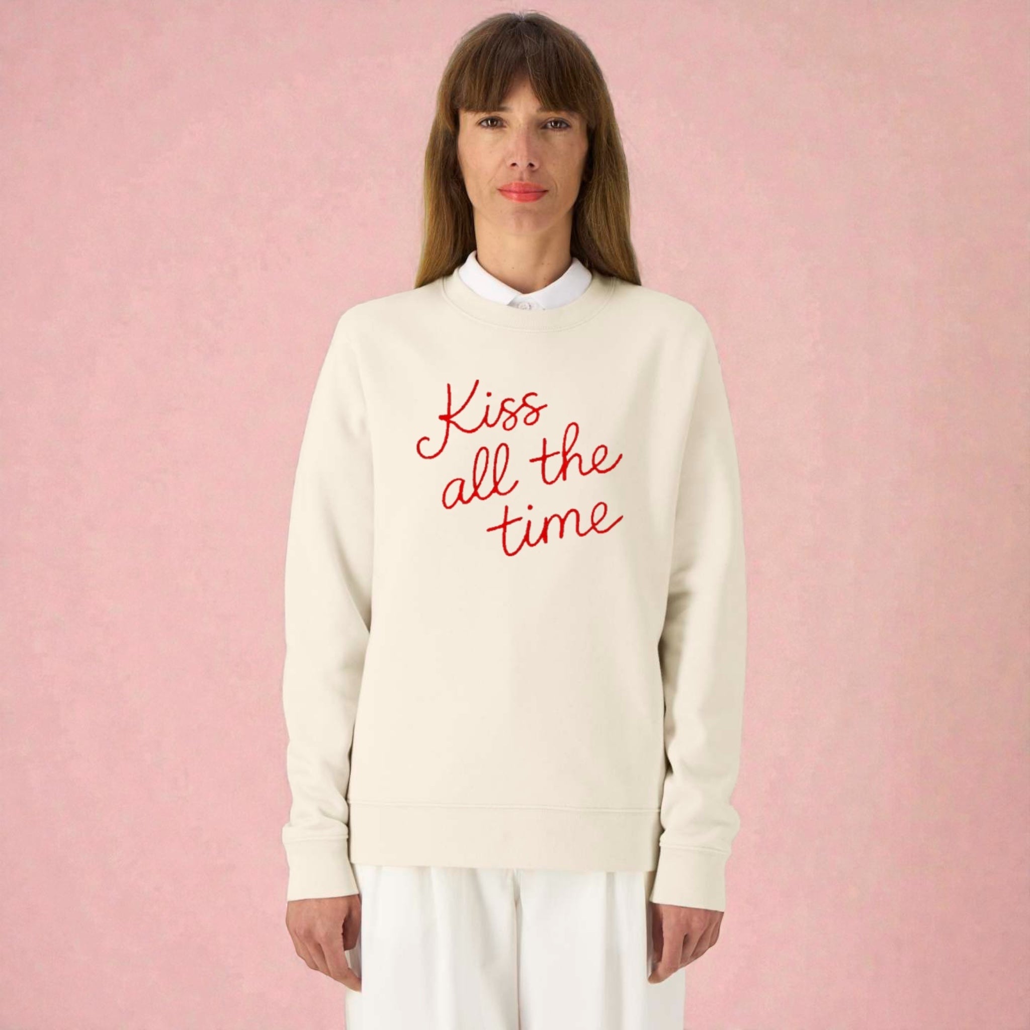 'KISS ALL THE TIME' embroidered organic cotton women's 'Thinker' sweatshirt - extended sizing XS-6XL