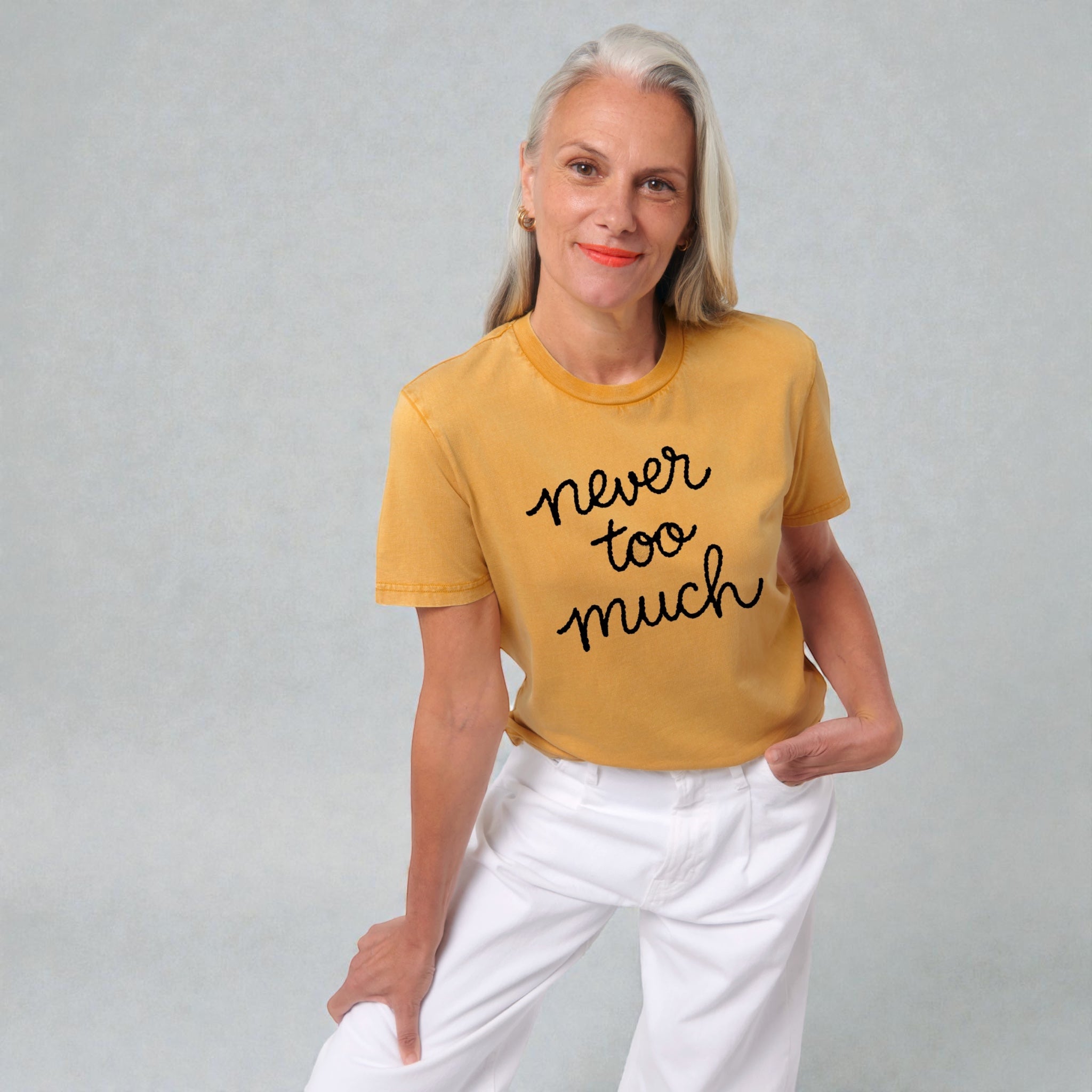 'NEVER TOO MUCH' embroidered premium organic cotton unisex vintage aged t-shirt
