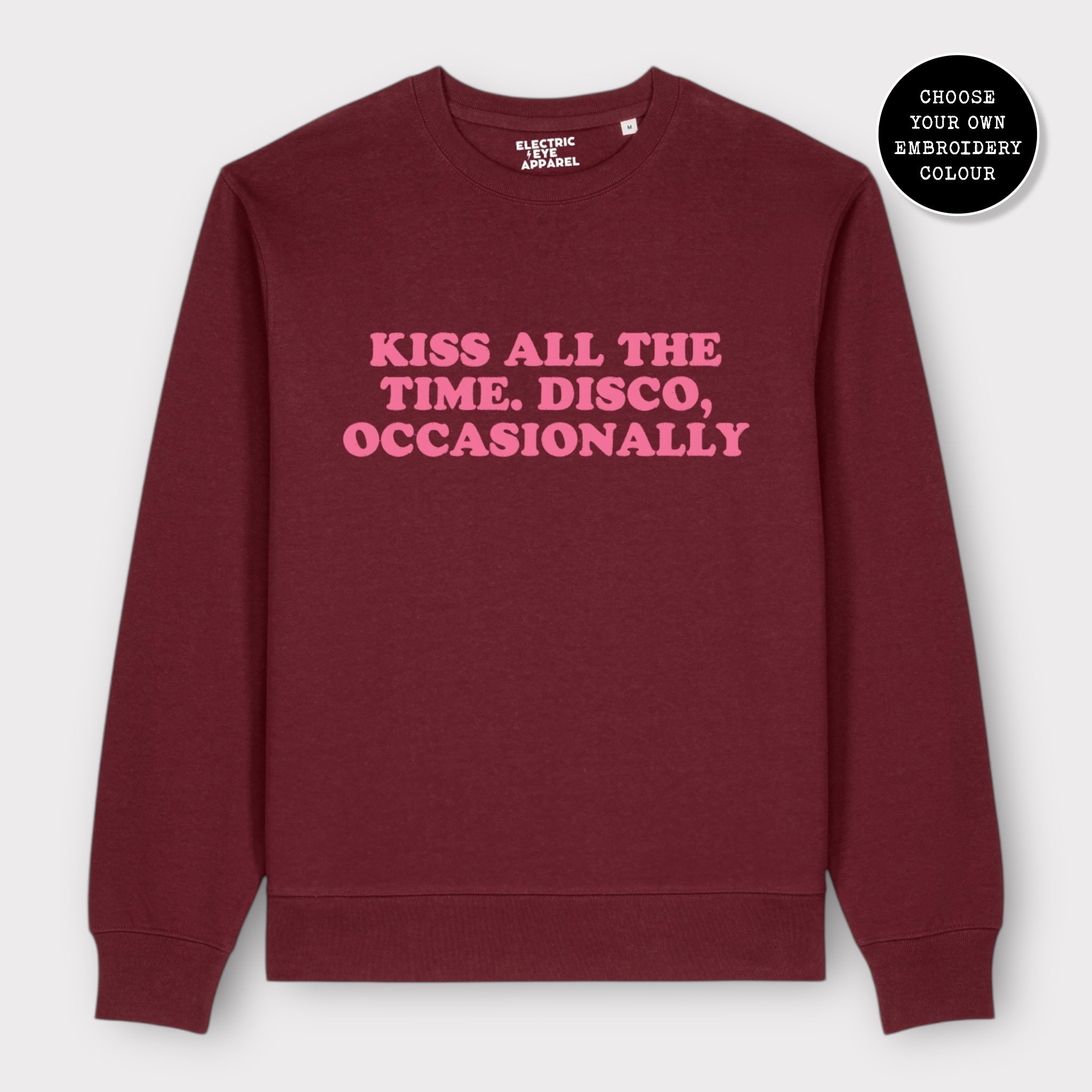 Unisex 'KISS ALL THE TIME. DISCO, OCCASIONALLY' embroidered organic cotton 'Thinker' sweatshirt - extended sizing XXS-6XL