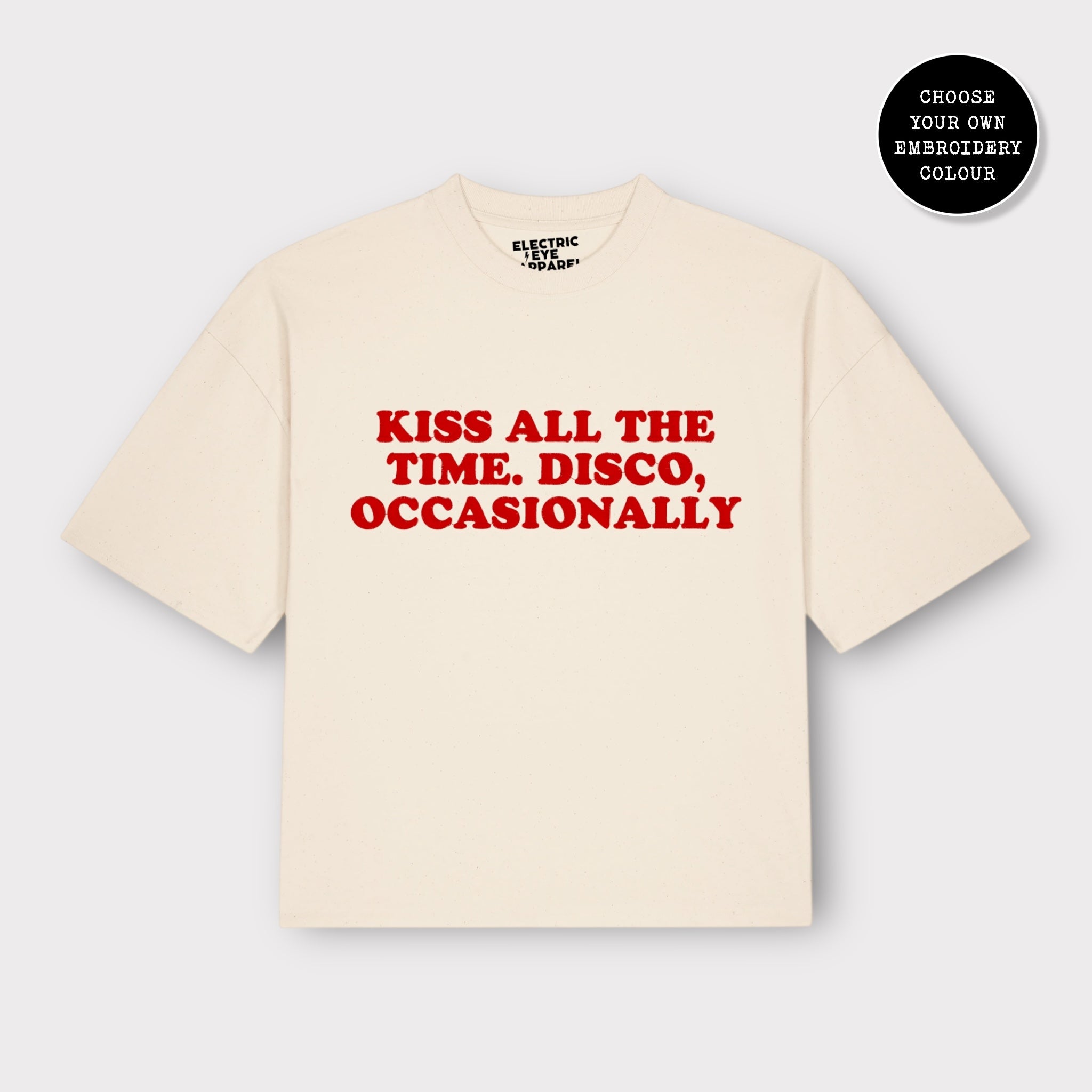 Unisex 'KISS ALL THE TIME. DISCO, OCCASIONALLY' embroidered organic cotton boxy 'Hypster' t-shirt
