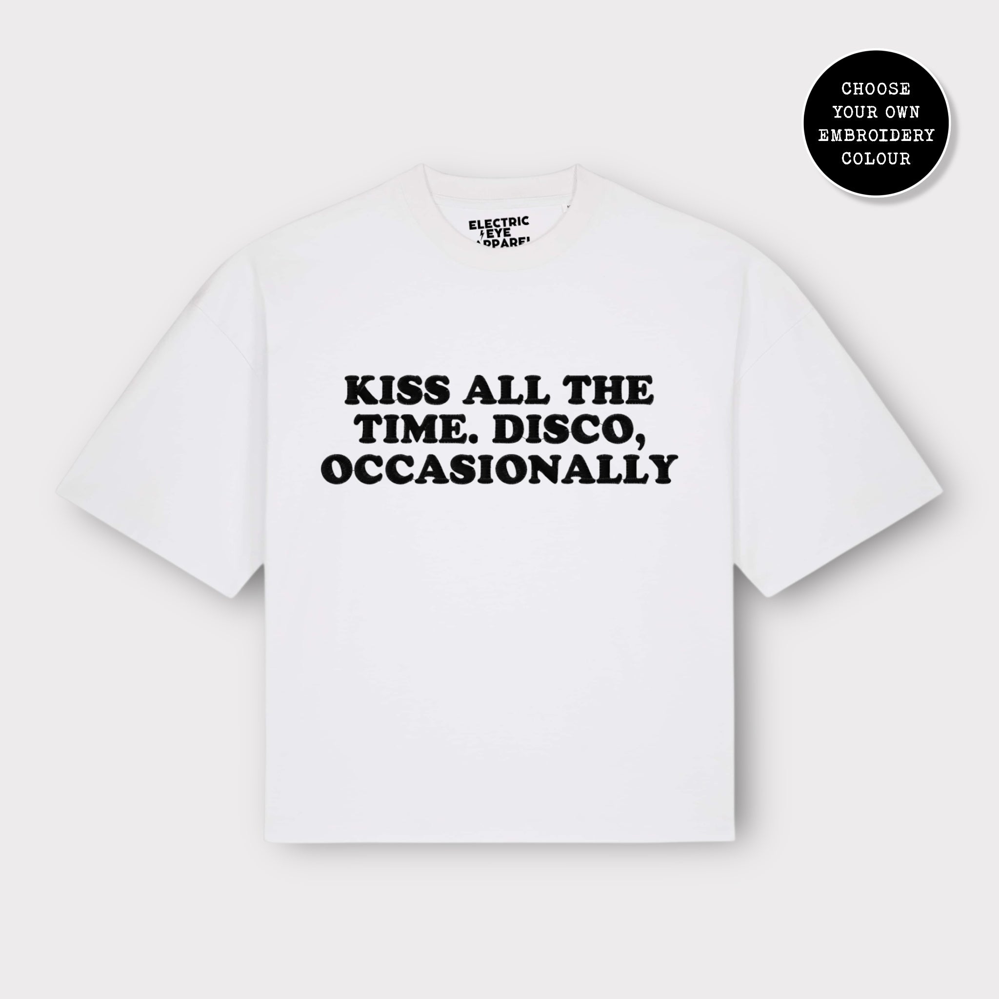 Unisex 'KISS ALL THE TIME. DISCO, OCCASIONALLY' embroidered organic cotton boxy 'Hypster' t-shirt