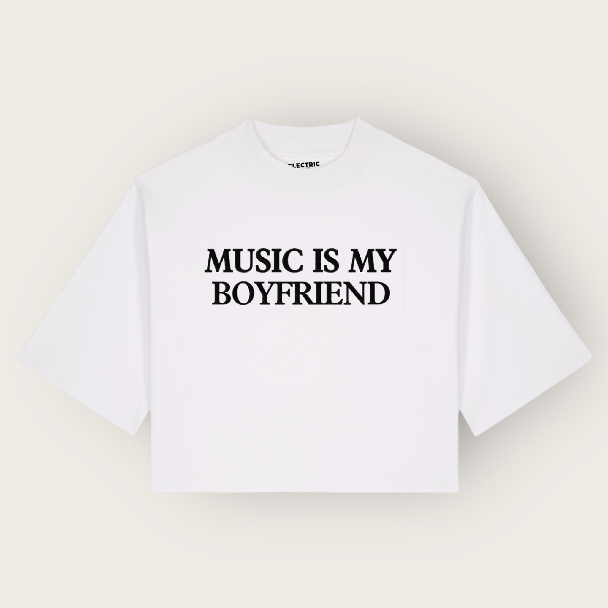 'MUSIC IS MY BOYFRIEND' embroidered premium organic cotton women's cropped boxy fit 'Raya' t-shirt