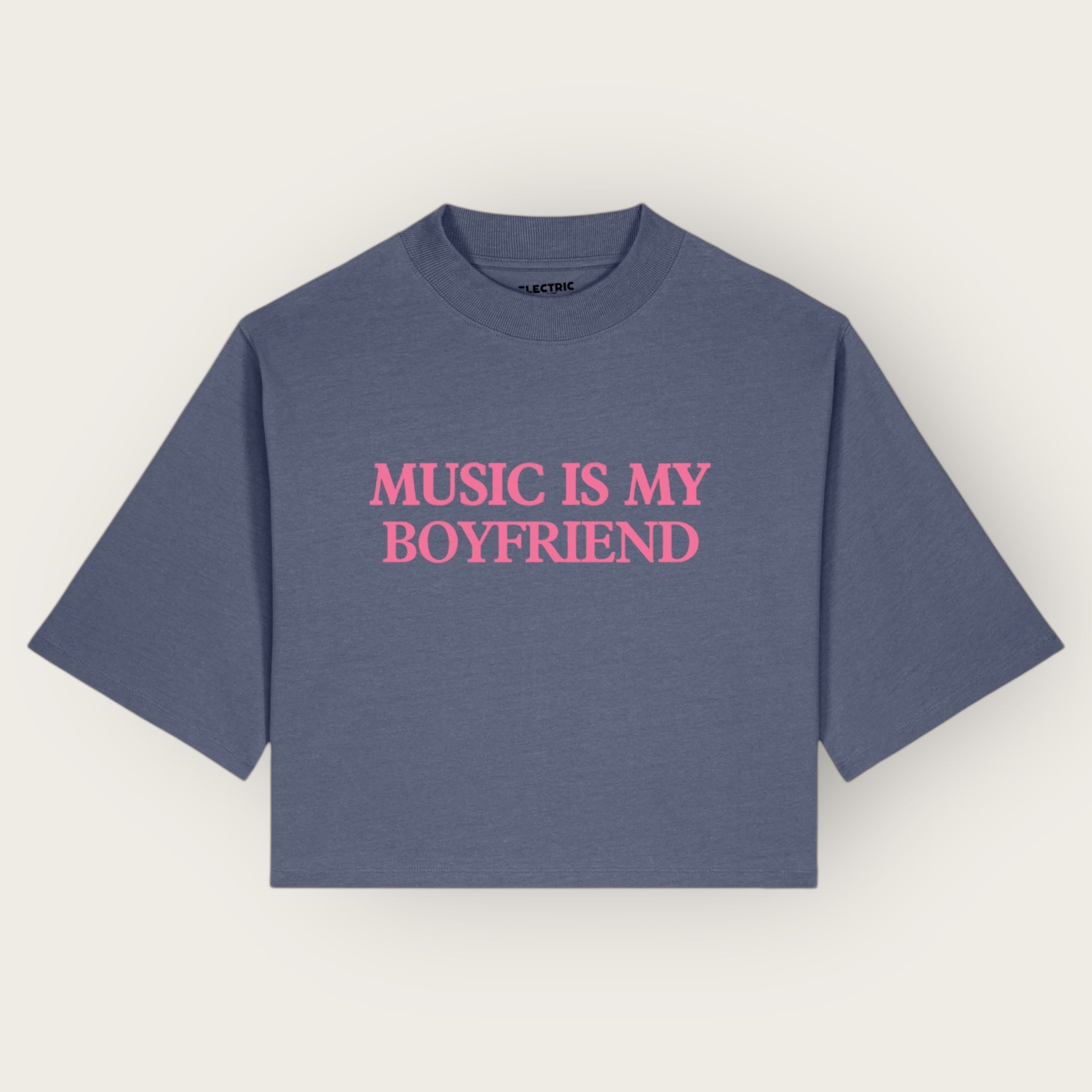 'MUSIC IS MY BOYFRIEND' embroidered premium organic cotton women's cropped boxy fit 'Raya' t-shirt