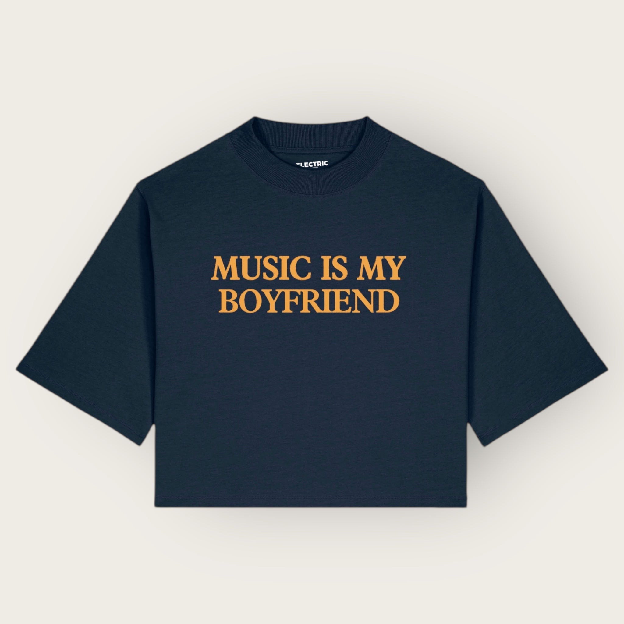 'MUSIC IS MY BOYFRIEND' embroidered premium organic cotton women's cropped boxy fit 'Raya' t-shirt