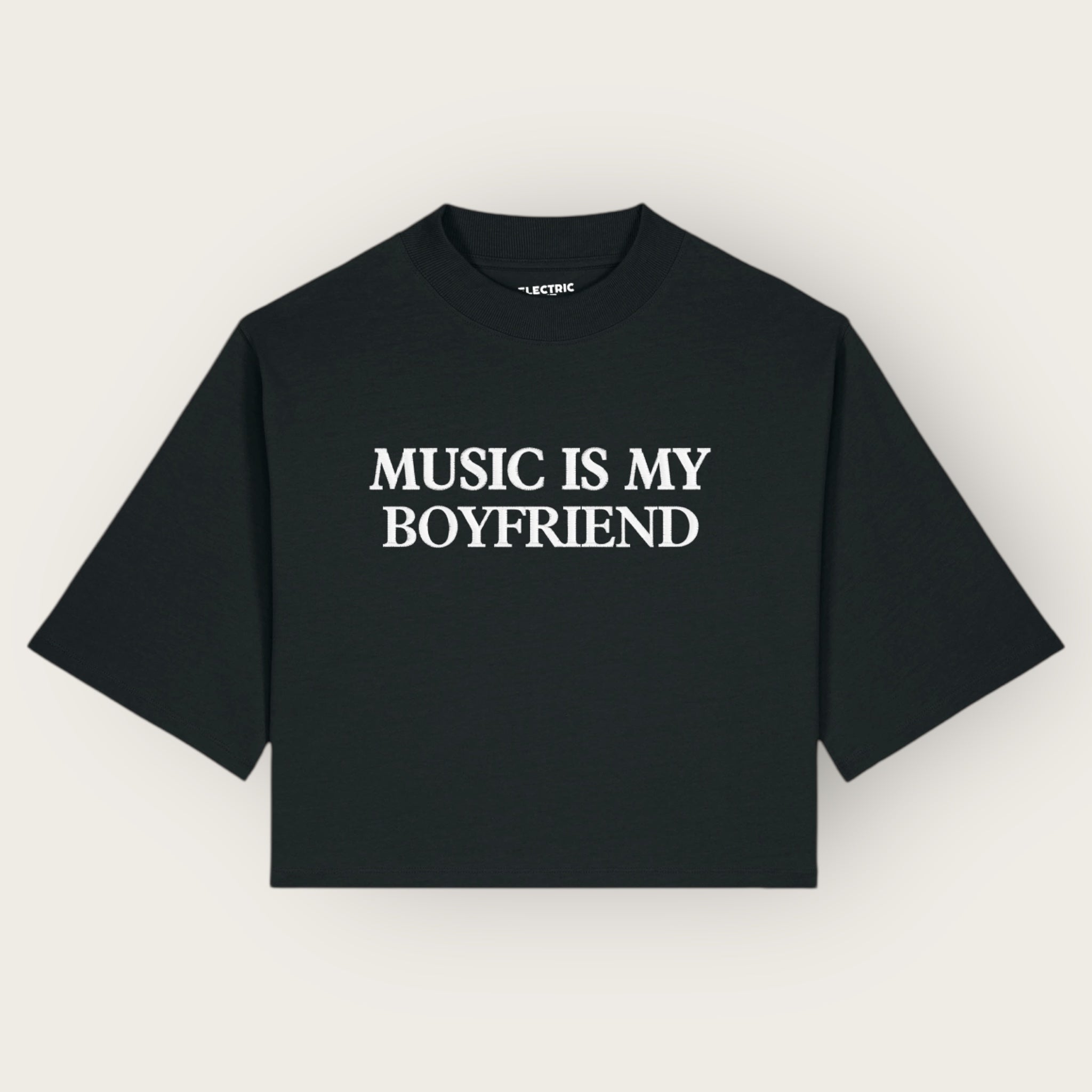 'MUSIC IS MY BOYFRIEND' embroidered premium organic cotton women's cropped boxy fit 'Raya' t-shirt