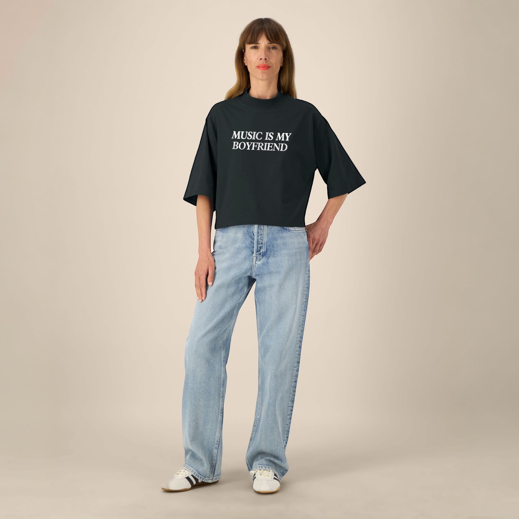 'MUSIC IS MY BOYFRIEND' embroidered premium organic cotton women's cropped boxy fit 'Raya' t-shirt
