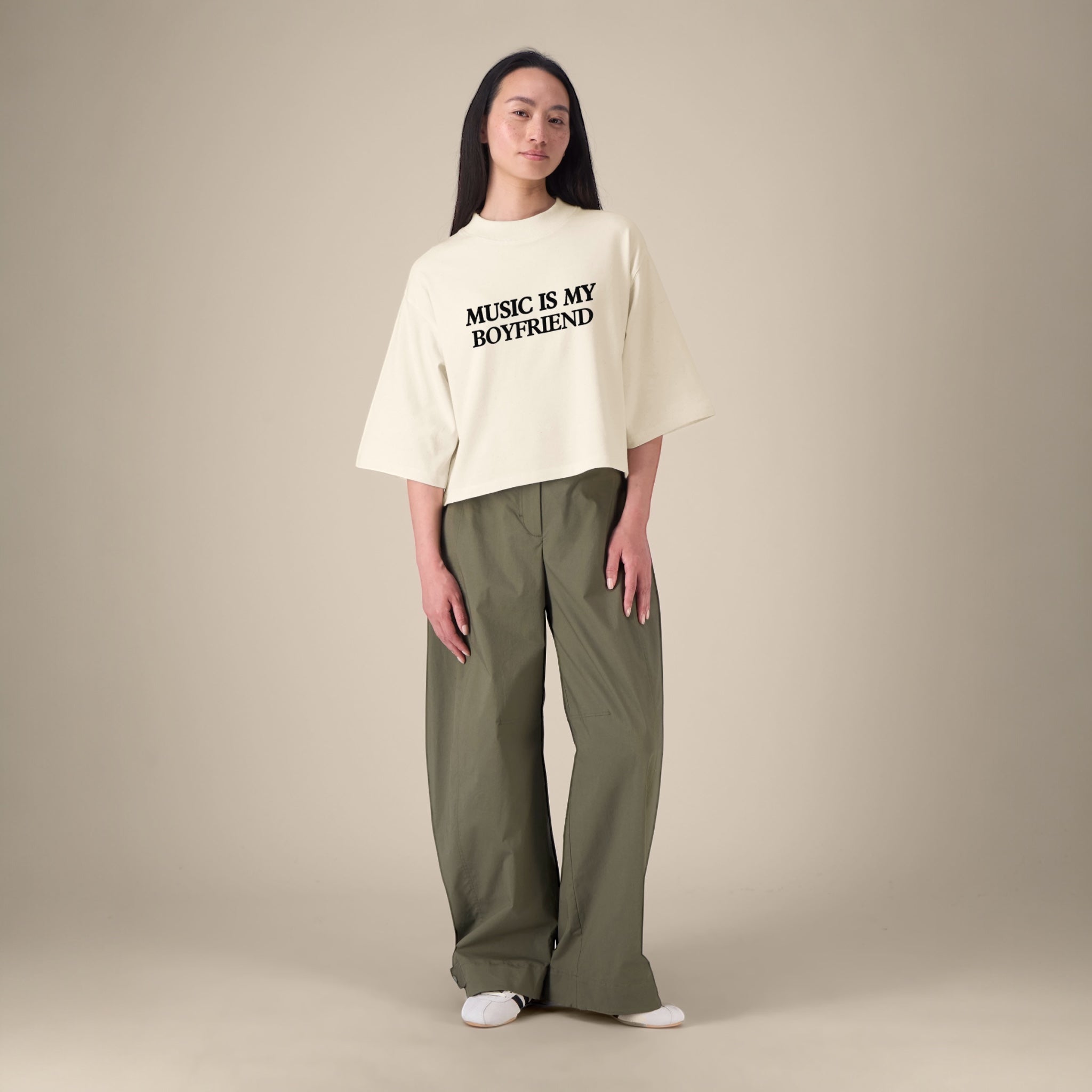 'MUSIC IS MY BOYFRIEND' embroidered premium organic cotton women's cropped boxy fit 'Raya' t-shirt