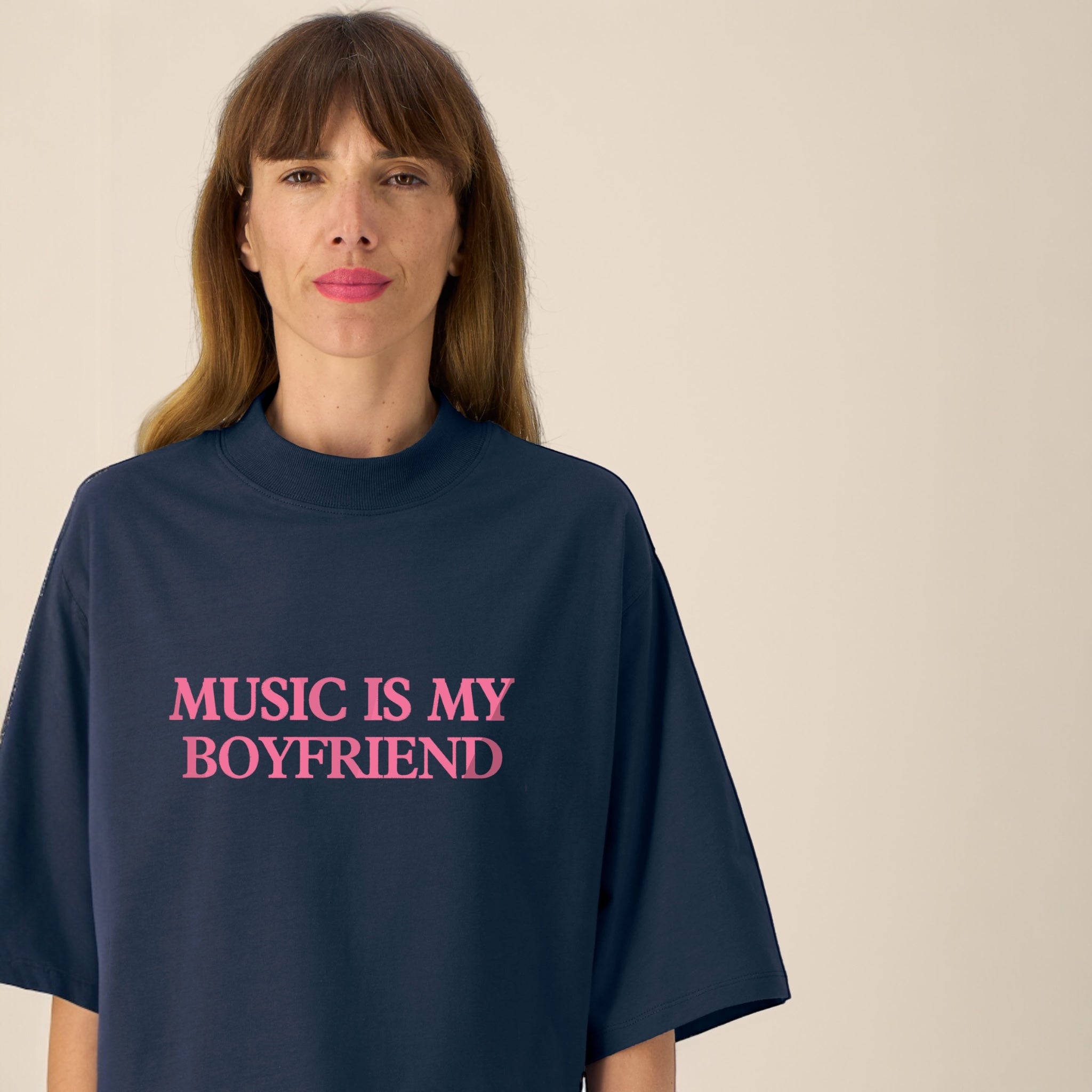 'MUSIC IS MY BOYFRIEND' embroidered premium organic cotton women's cropped boxy fit 'Raya' t-shirt