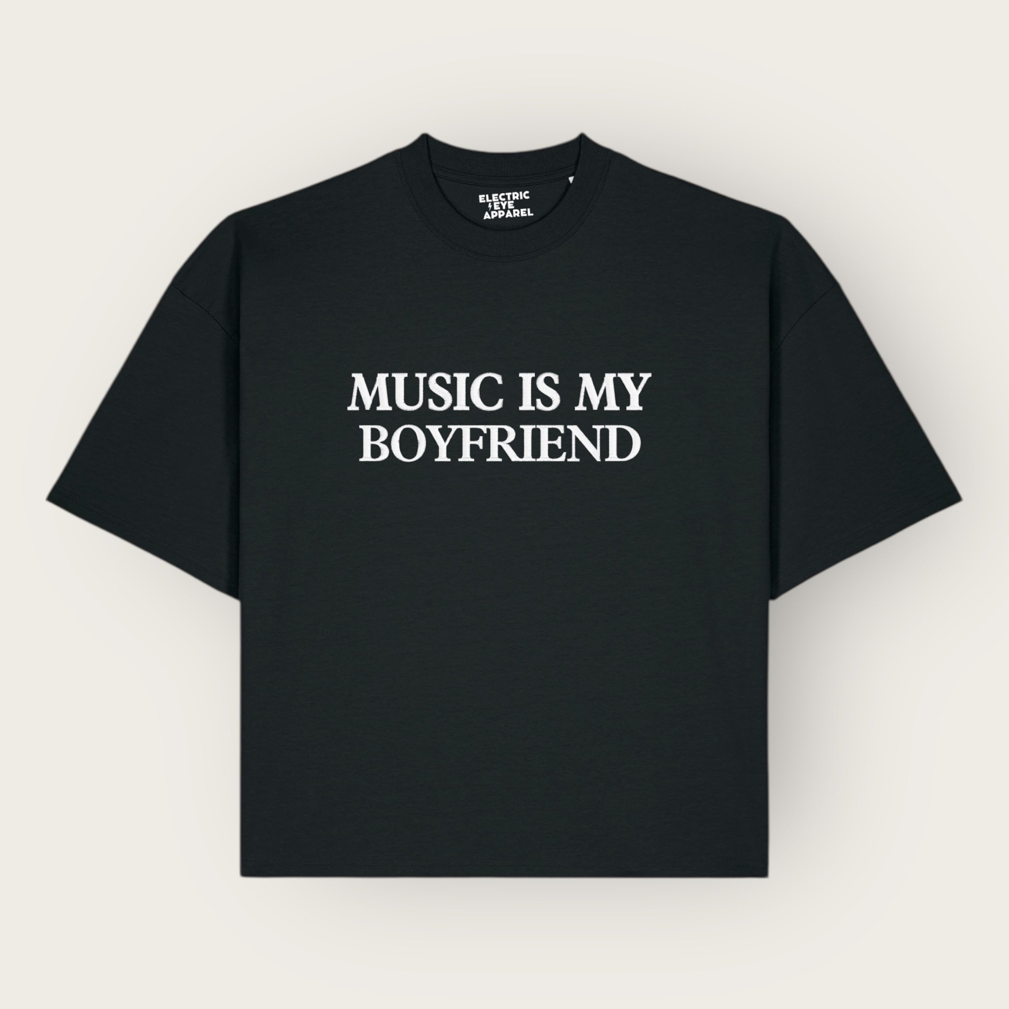 Men's 'MUSIC IS MY BOYFRIEND' embroidered organic cotton boxy 'Hypster' t-shirt