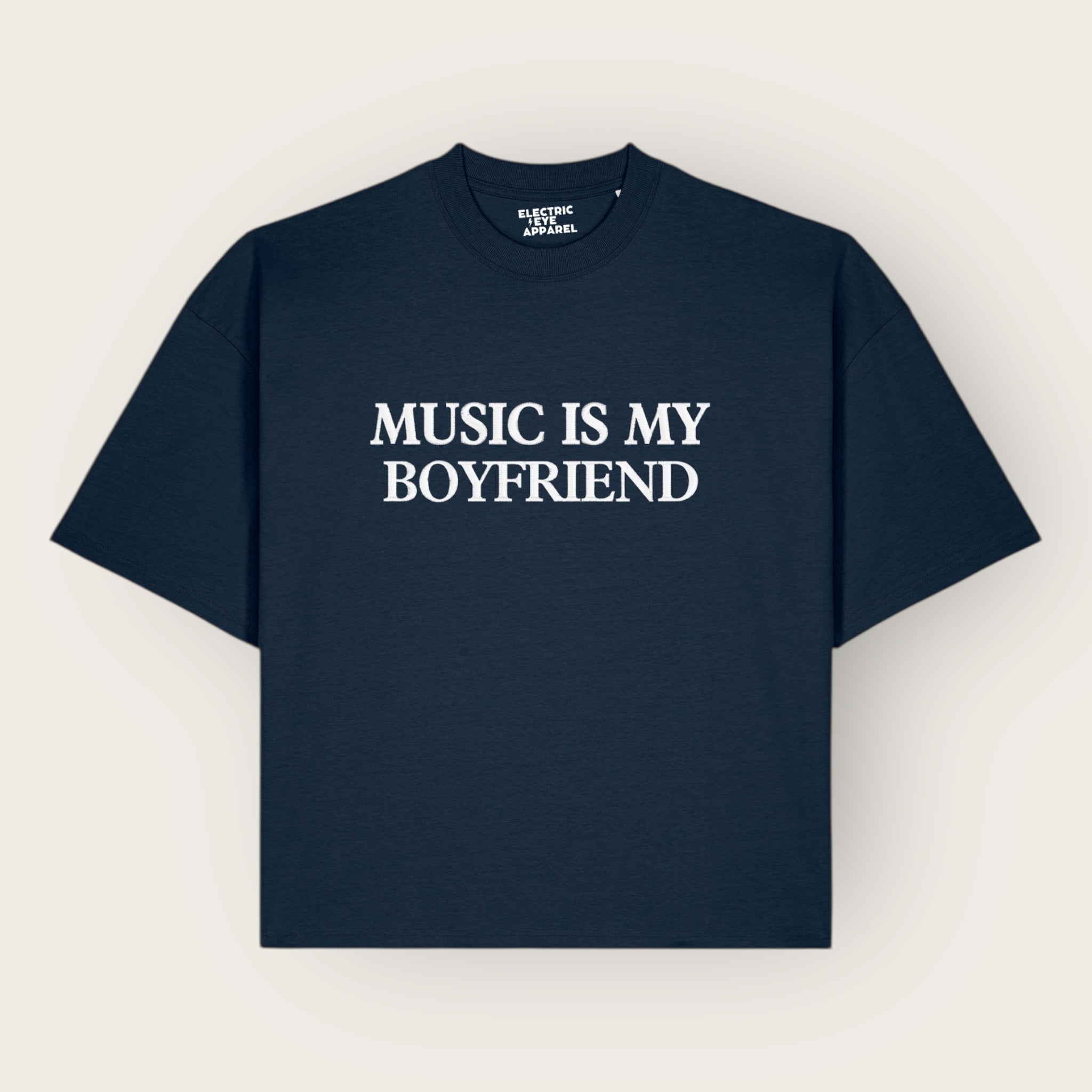 Men's 'MUSIC IS MY BOYFRIEND' embroidered organic cotton boxy 'Hypster' t-shirt