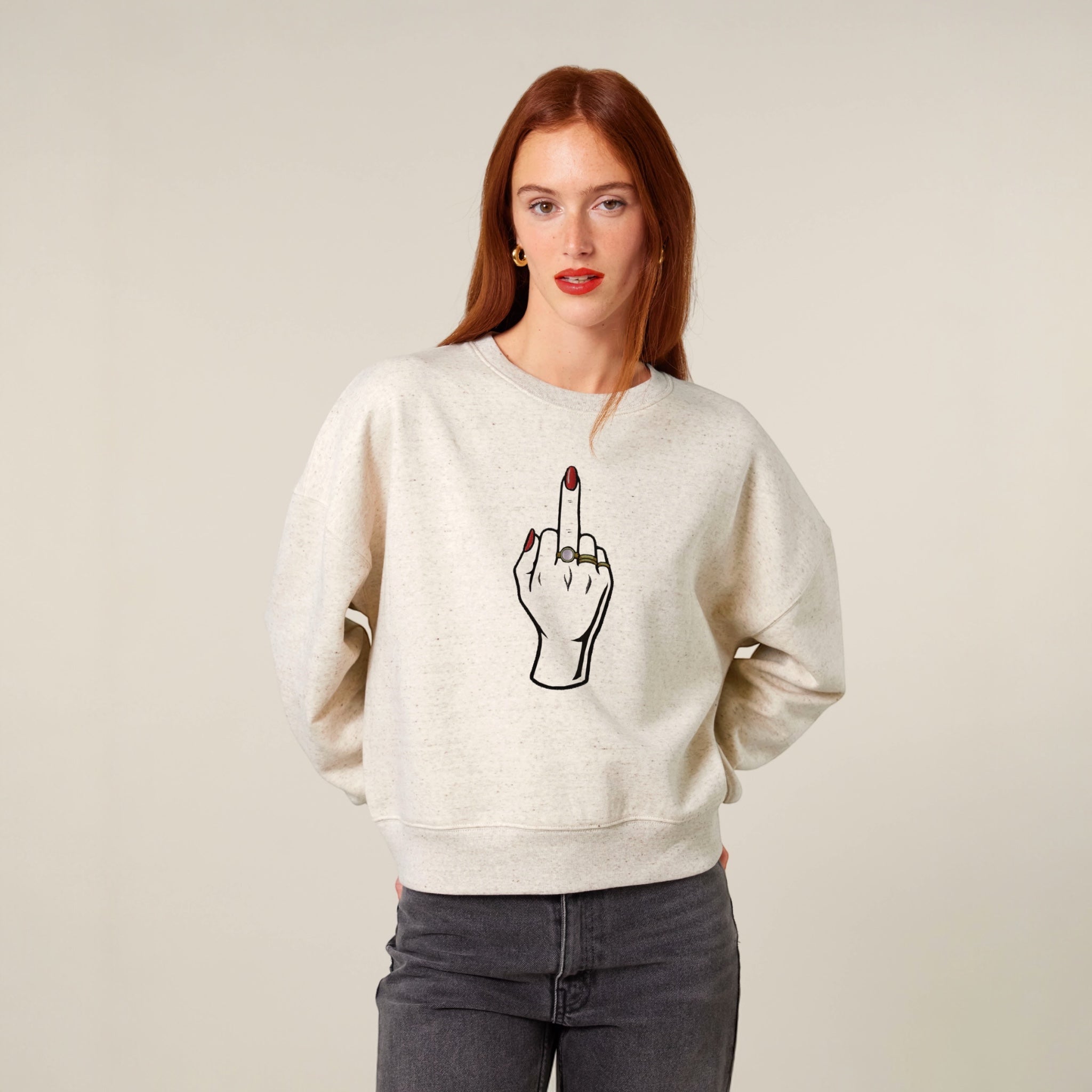 'MIDDLE FINGER' embroidered organic women's dropped shoulder 'Alma' sweatshirt - choose your own nail polish embroidery colour
