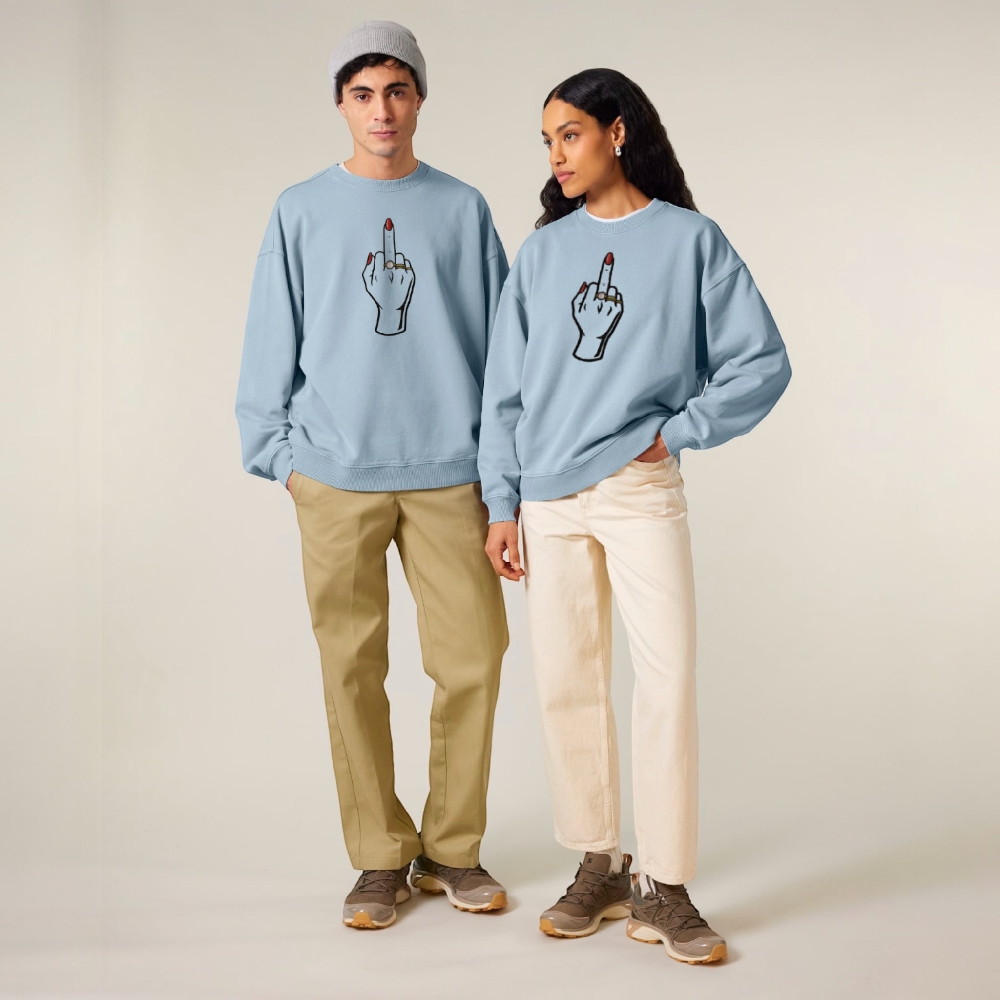 Unisex 'MIDDLE FINGER' embroidered organic 'Radder' sweatshirt sizes 2XS-3XL - choose your own nail polish embroidery colour
