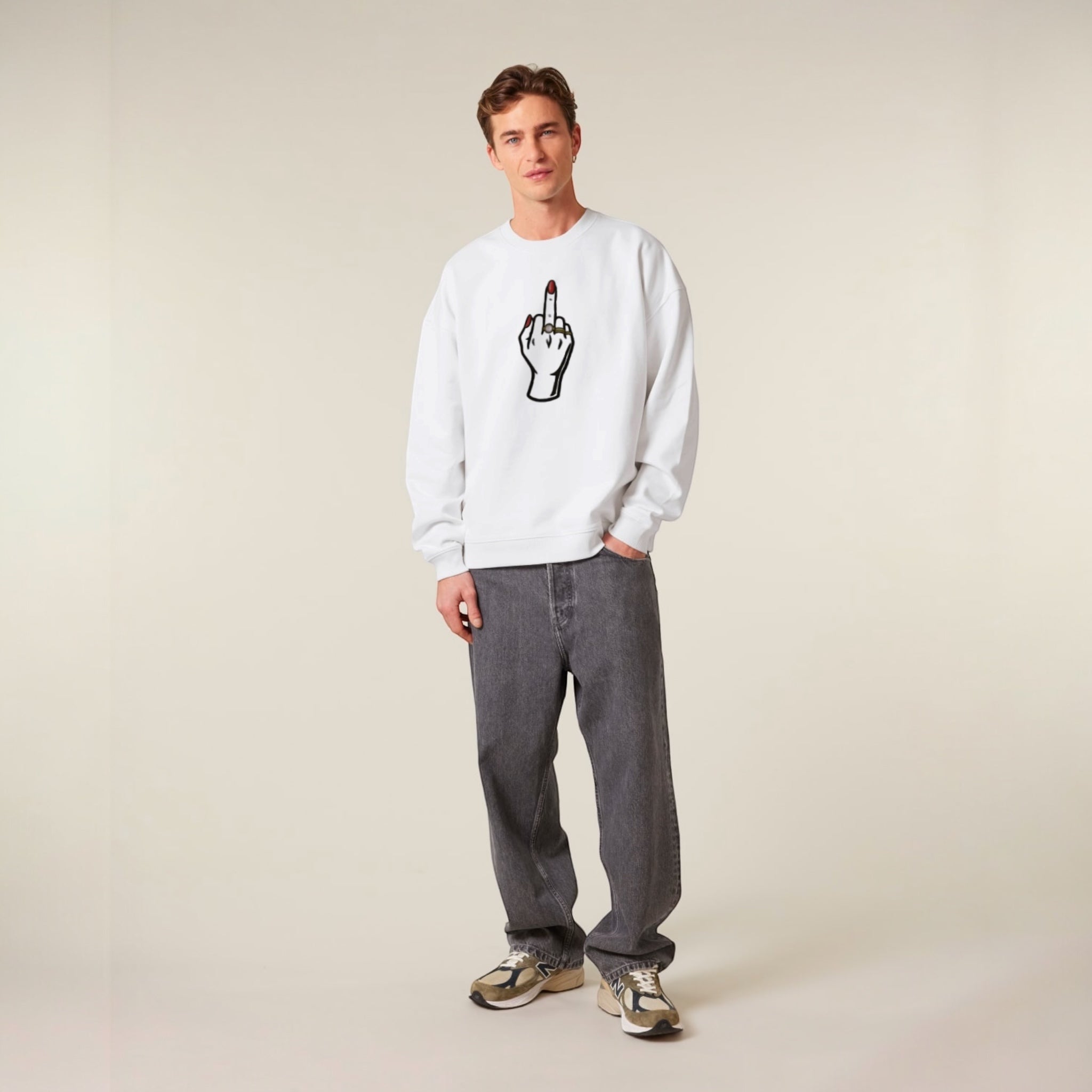 Unisex 'MIDDLE FINGER' embroidered organic 'Radder' sweatshirt sizes 2XS-3XL - choose your own nail polish embroidery colour