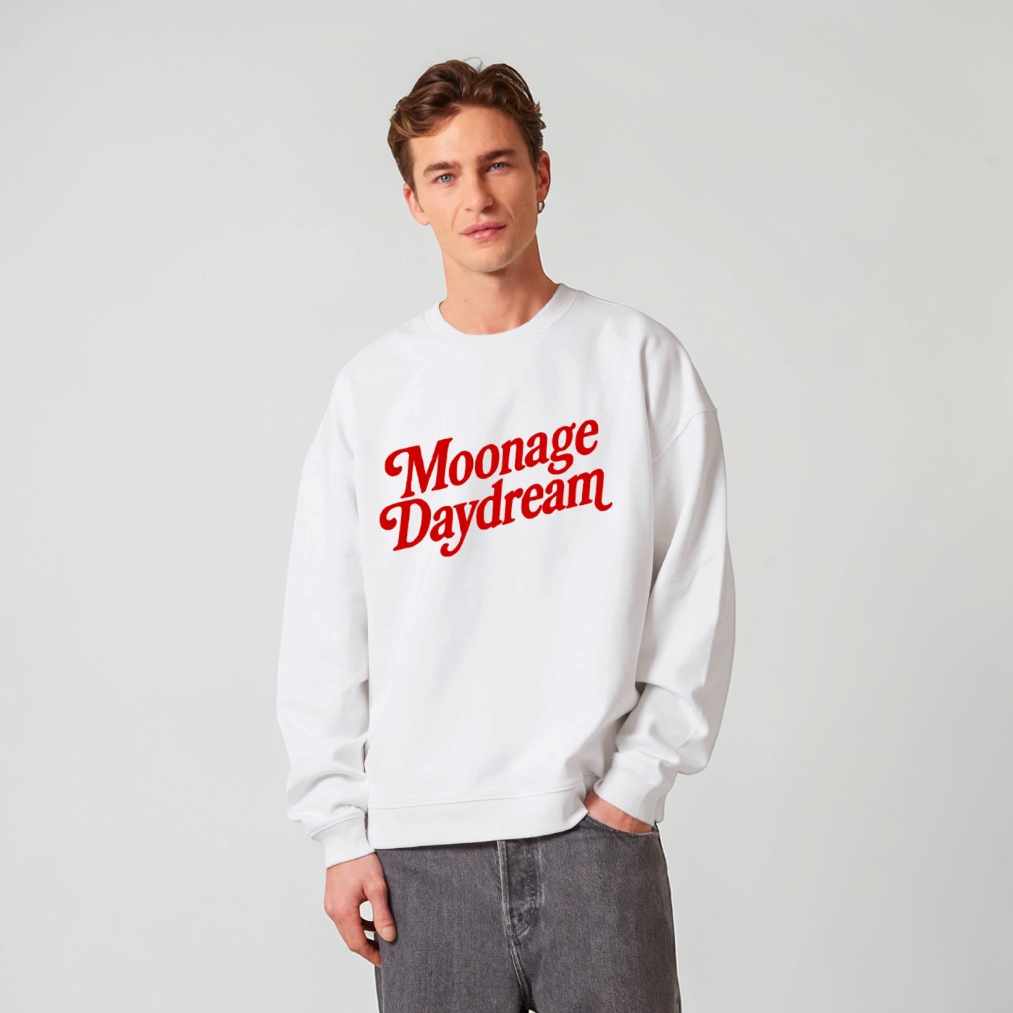'MOONAGE DAYDREAM' embroidered organic unisex 'matcher' vintage aged sweatshirt