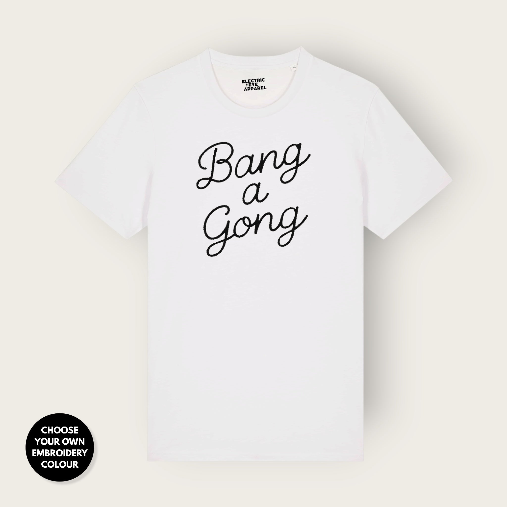 'BANG A GONG' embroidered premium organic unisex 'Rocker' t-shirt - sizes XXS-6XL