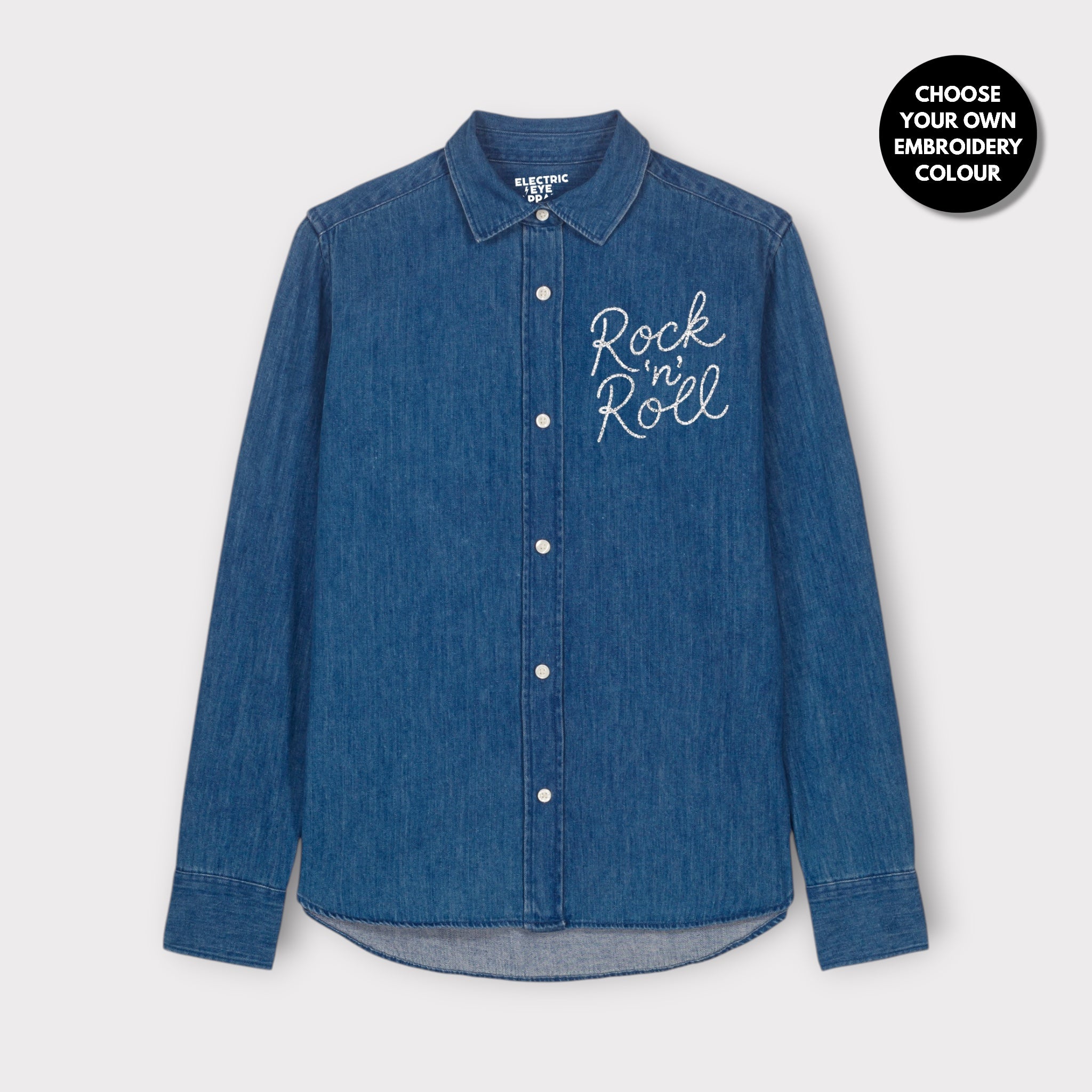 'ROCK 'N' ROLL' left chest embroidered women's organic denim shirt