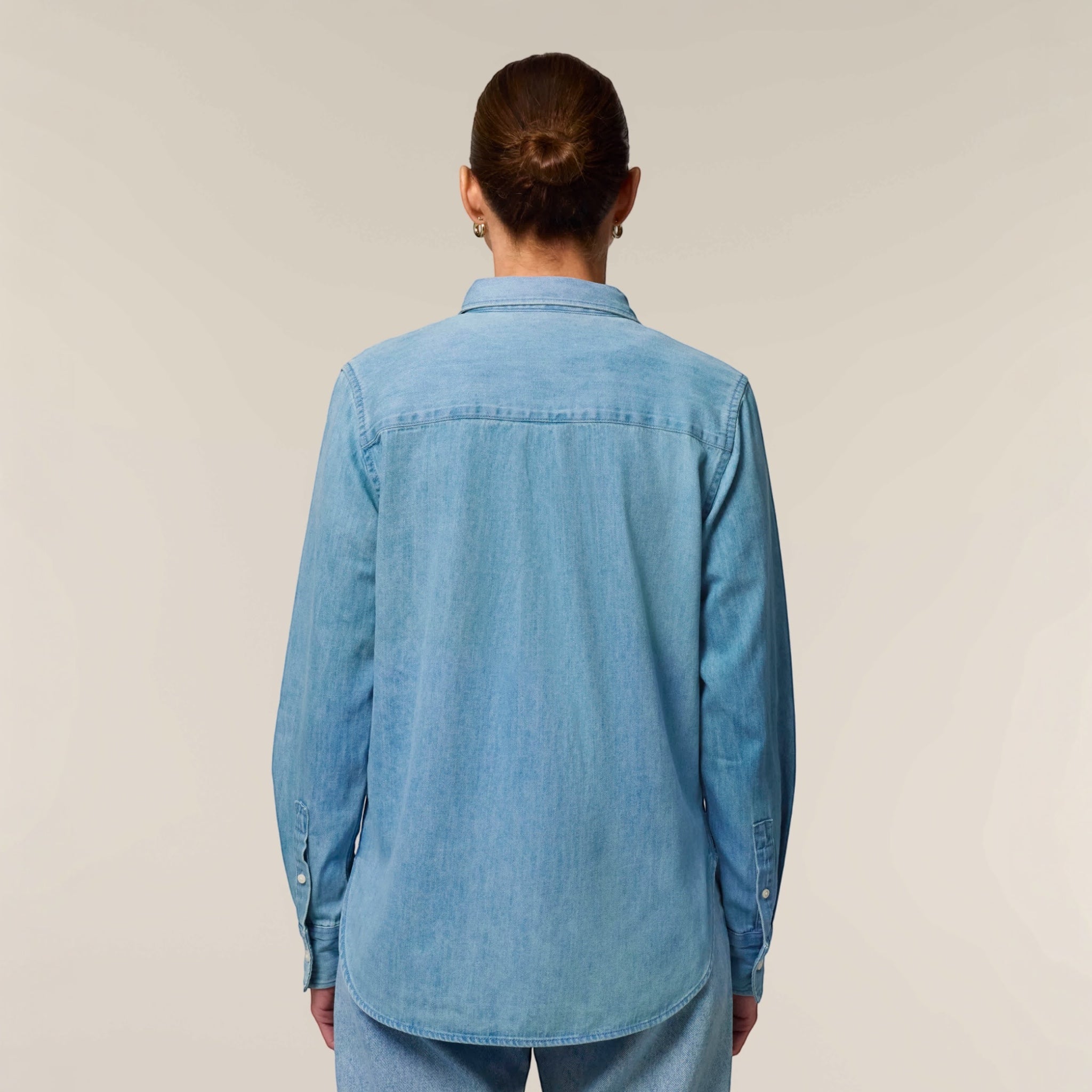'ROCK 'N' ROLL' left chest embroidered women's organic denim shirt