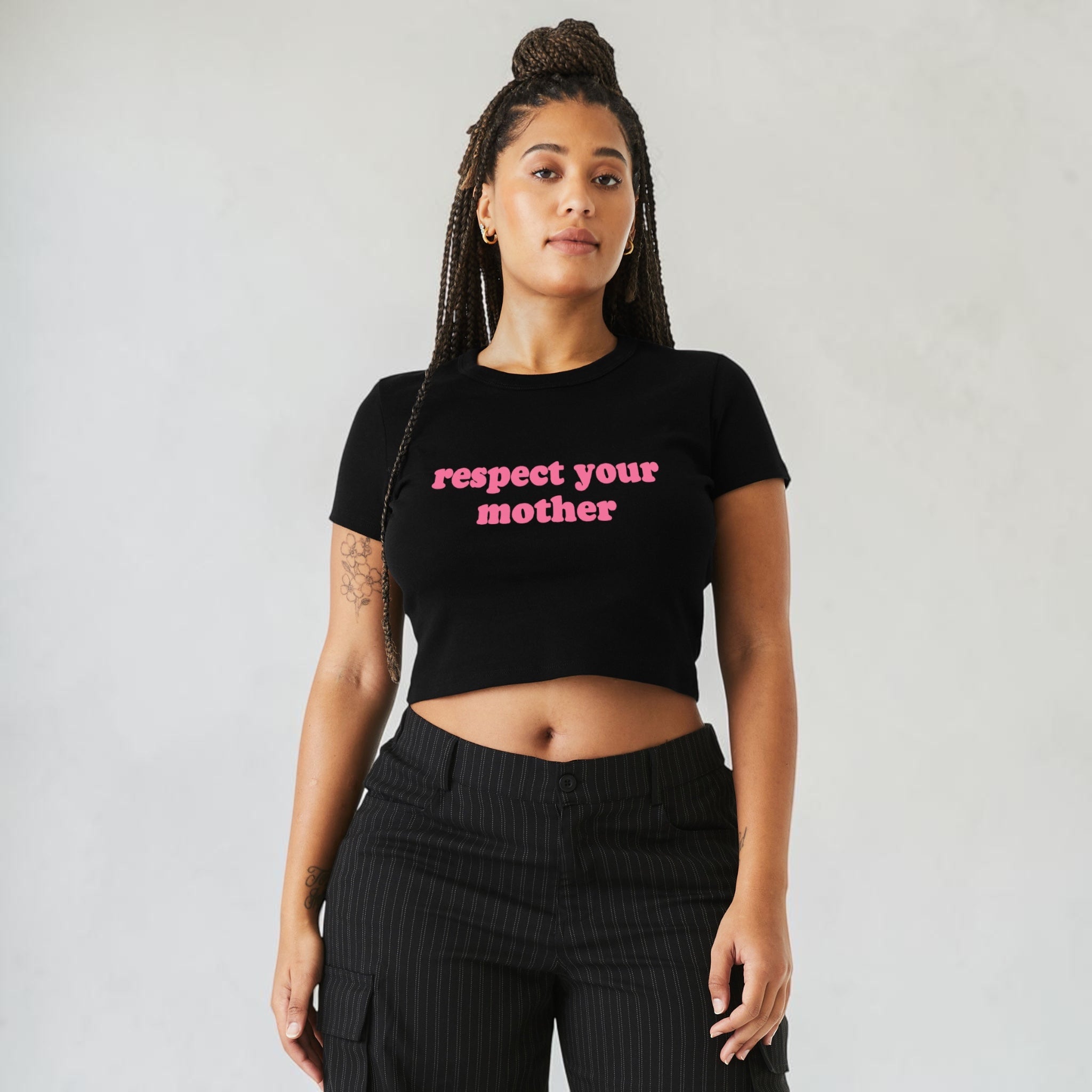 'RESPECT YOUR MOTHER' Embroidered Women's Micro Rib Baby T-shirt