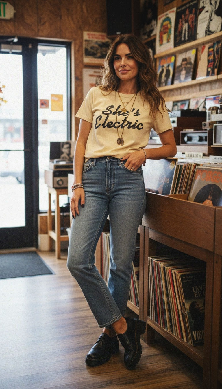 'SHE'S ELECTRIC' retro slogan embroidered premium organic women's classic fit 'Muser' t-shirt - sizes XS-5XL