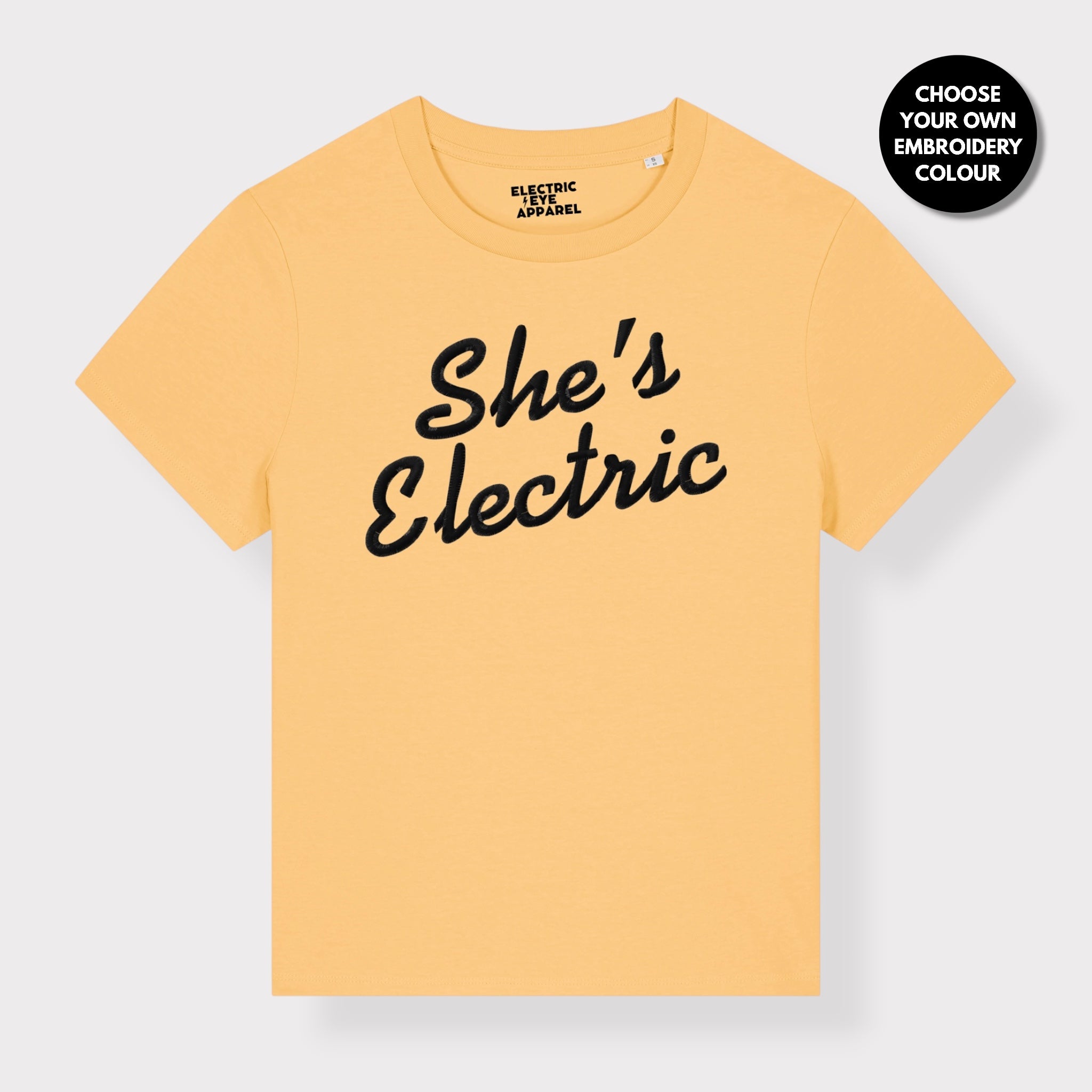'SHE'S ELECTRIC' retro slogan embroidered premium organic women's classic fit 'Muser' t-shirt - sizes XS-5XL