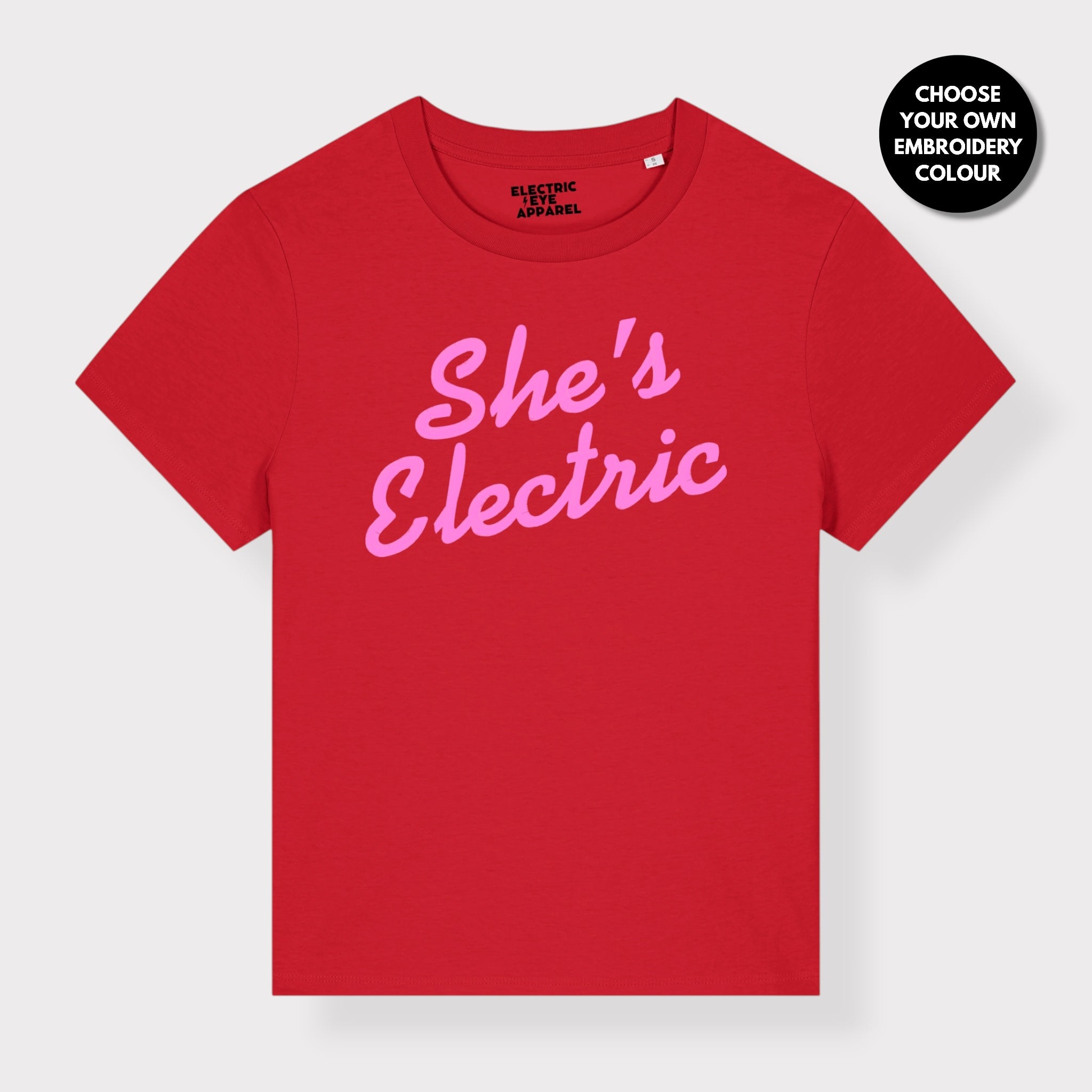'SHE'S ELECTRIC' retro slogan embroidered premium organic women's classic fit 'Muser' t-shirt - sizes XS-5XL