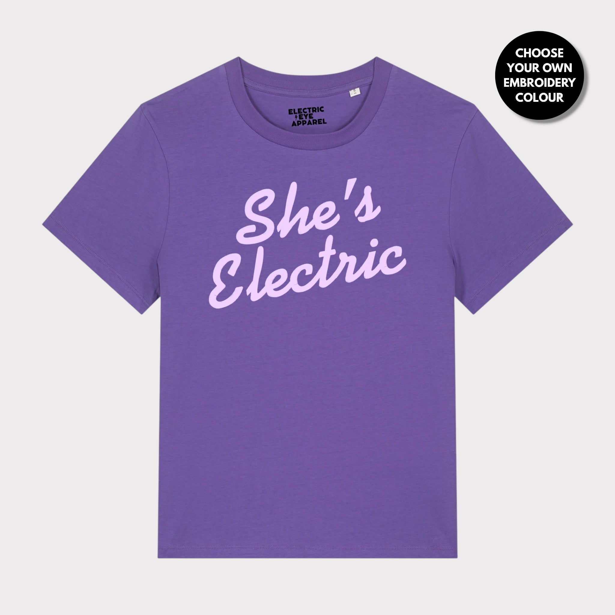 'SHE'S ELECTRIC' retro slogan embroidered premium organic women's classic fit 'Muser' t-shirt - sizes XS-5XL
