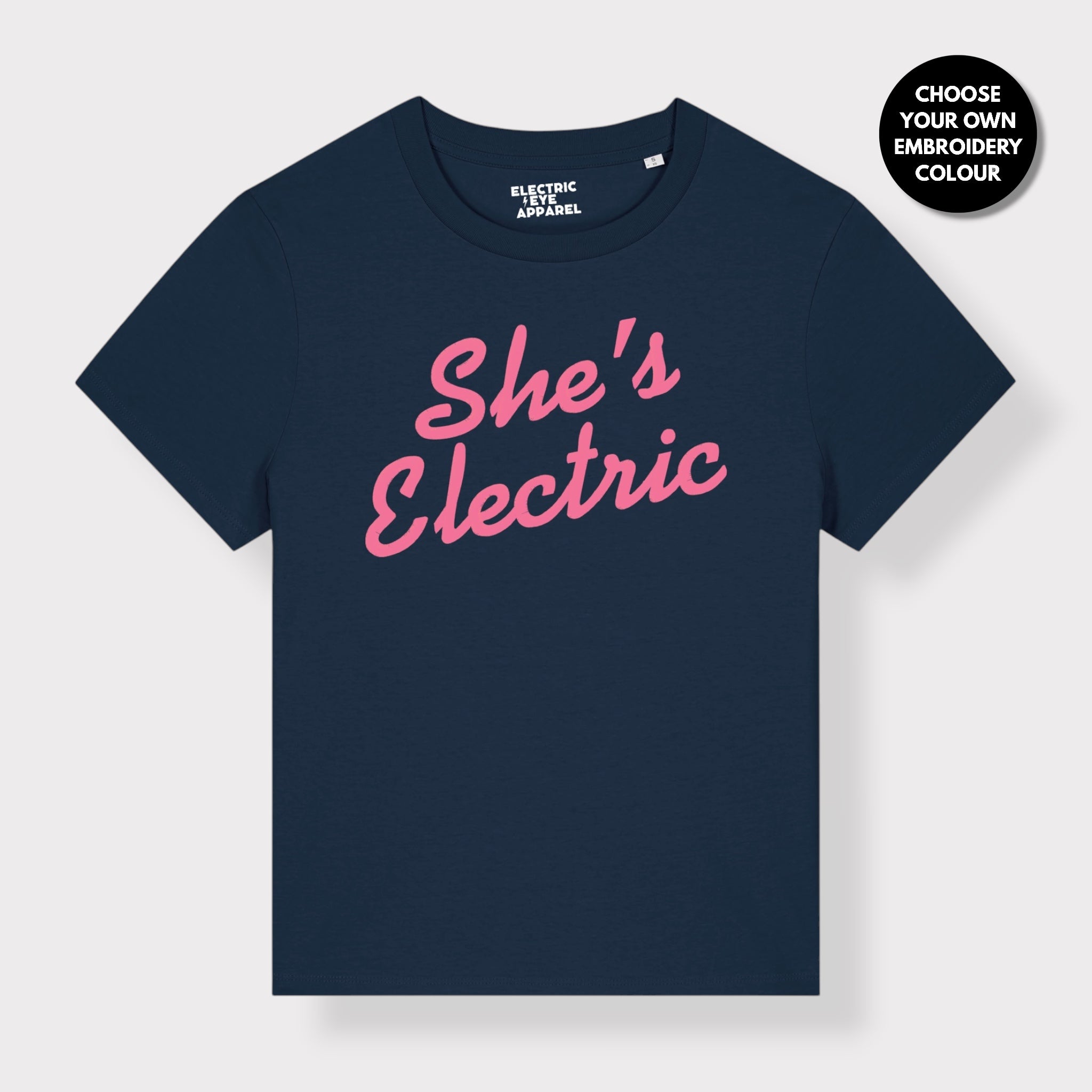 'SHE'S ELECTRIC' retro slogan embroidered premium organic women's classic fit 'Muser' t-shirt - sizes XS-5XL