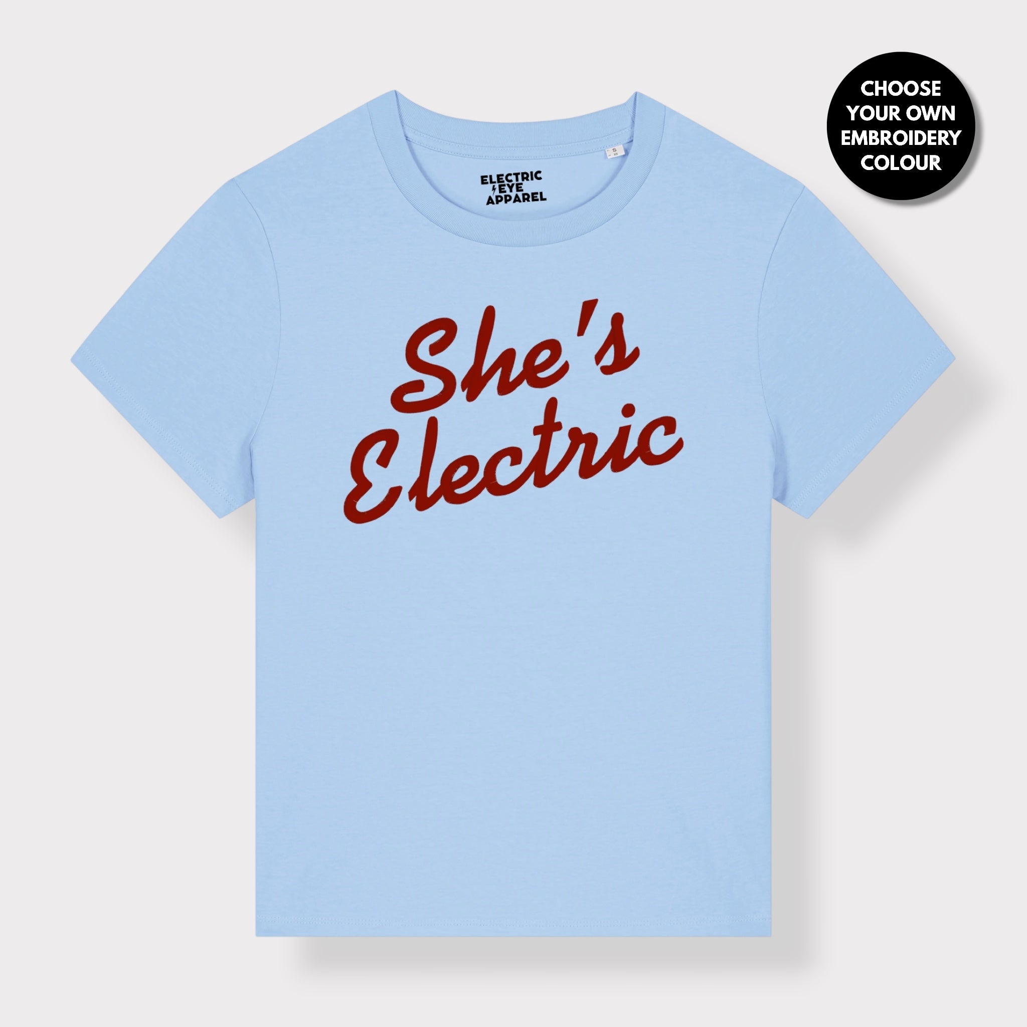 'SHE'S ELECTRIC' retro slogan embroidered premium organic women's classic fit 'Muser' t-shirt - sizes XS-5XL