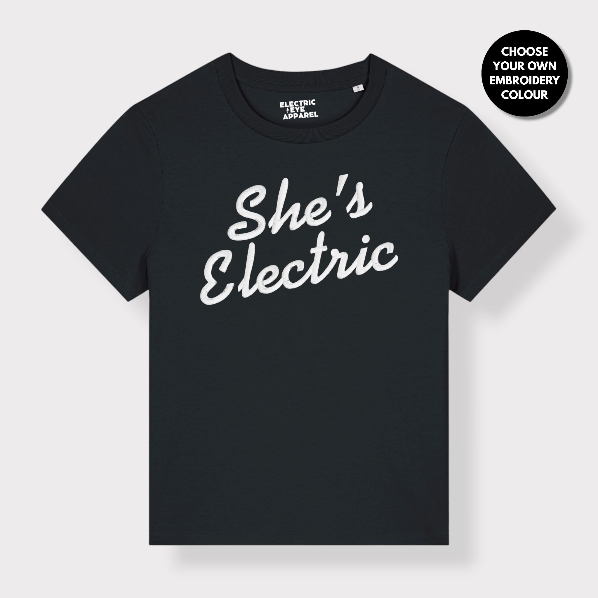 'SHE'S ELECTRIC' retro slogan embroidered premium organic women's classic fit 'Muser' t-shirt - sizes XS-5XL